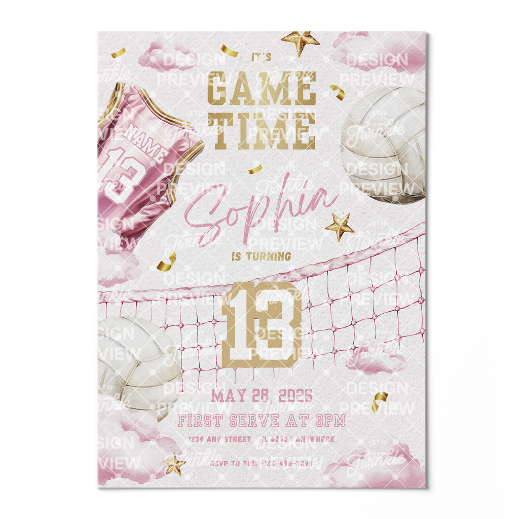 Volleyball Birthday Invitation Template • Editable Canva Invitation • Pink & Gold