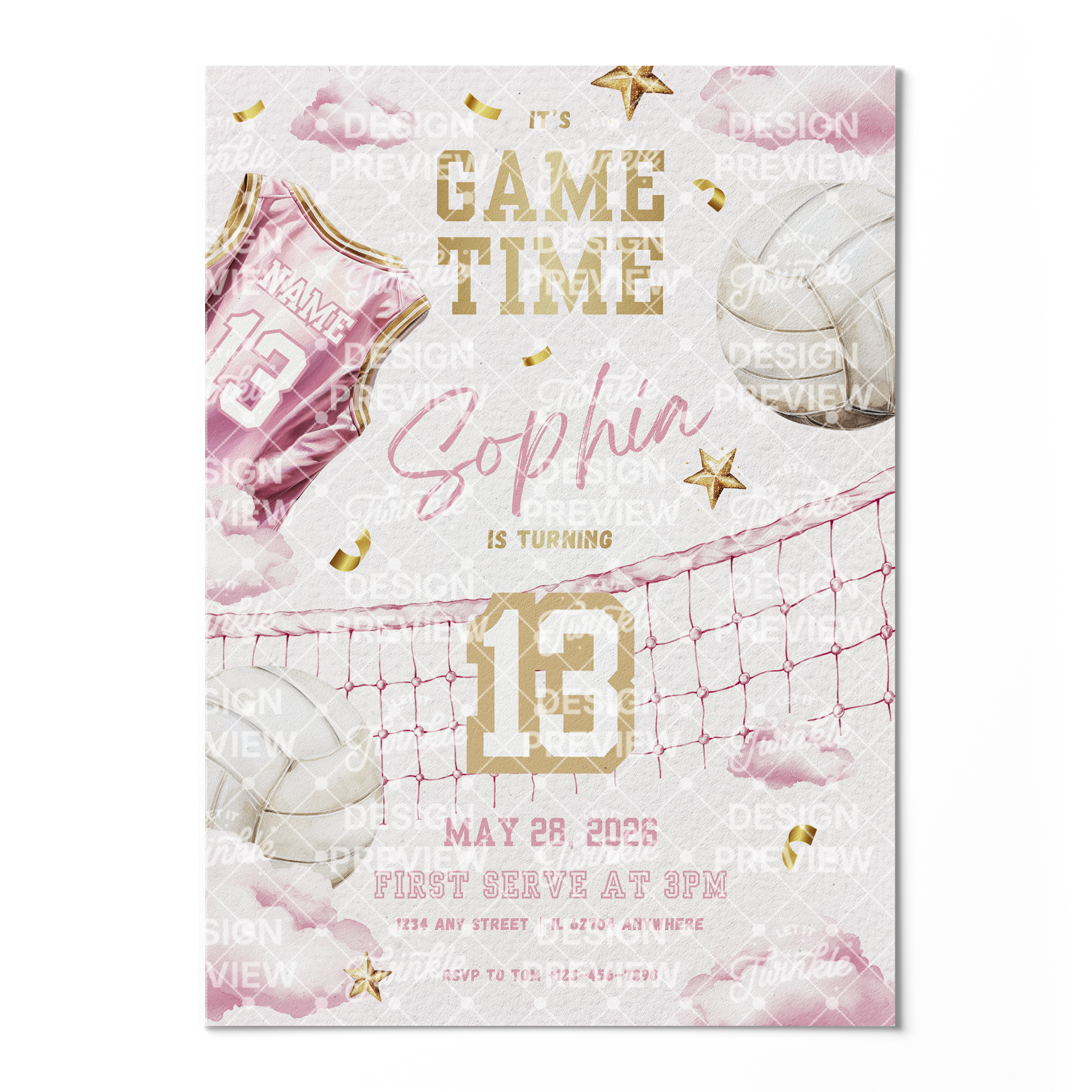 Volleyball Birthday Invitation Template • Editable Canva Invitation • Pink & Gold