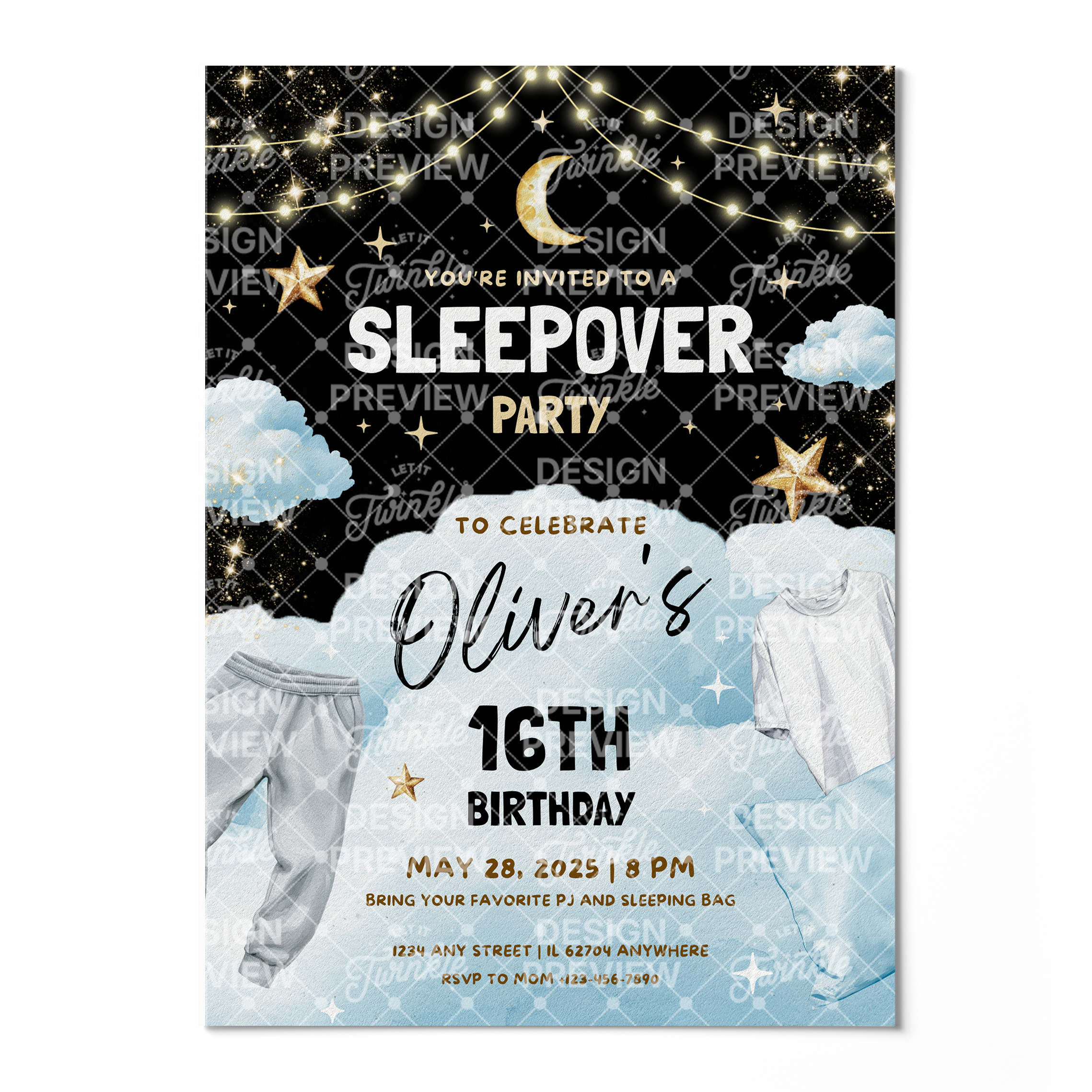 Sleepover Party Night Birthday Invitation Template • Editable Canva Invitation • Blue, Black & Gold
