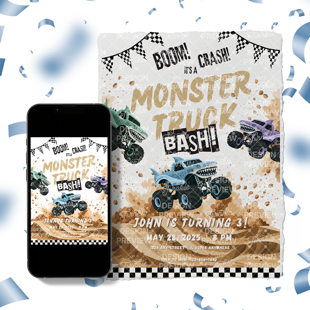 Monster Truck Bash Birthday Invitation Template • Editable Canva Invitation • Blue, Turquoise & Purple
