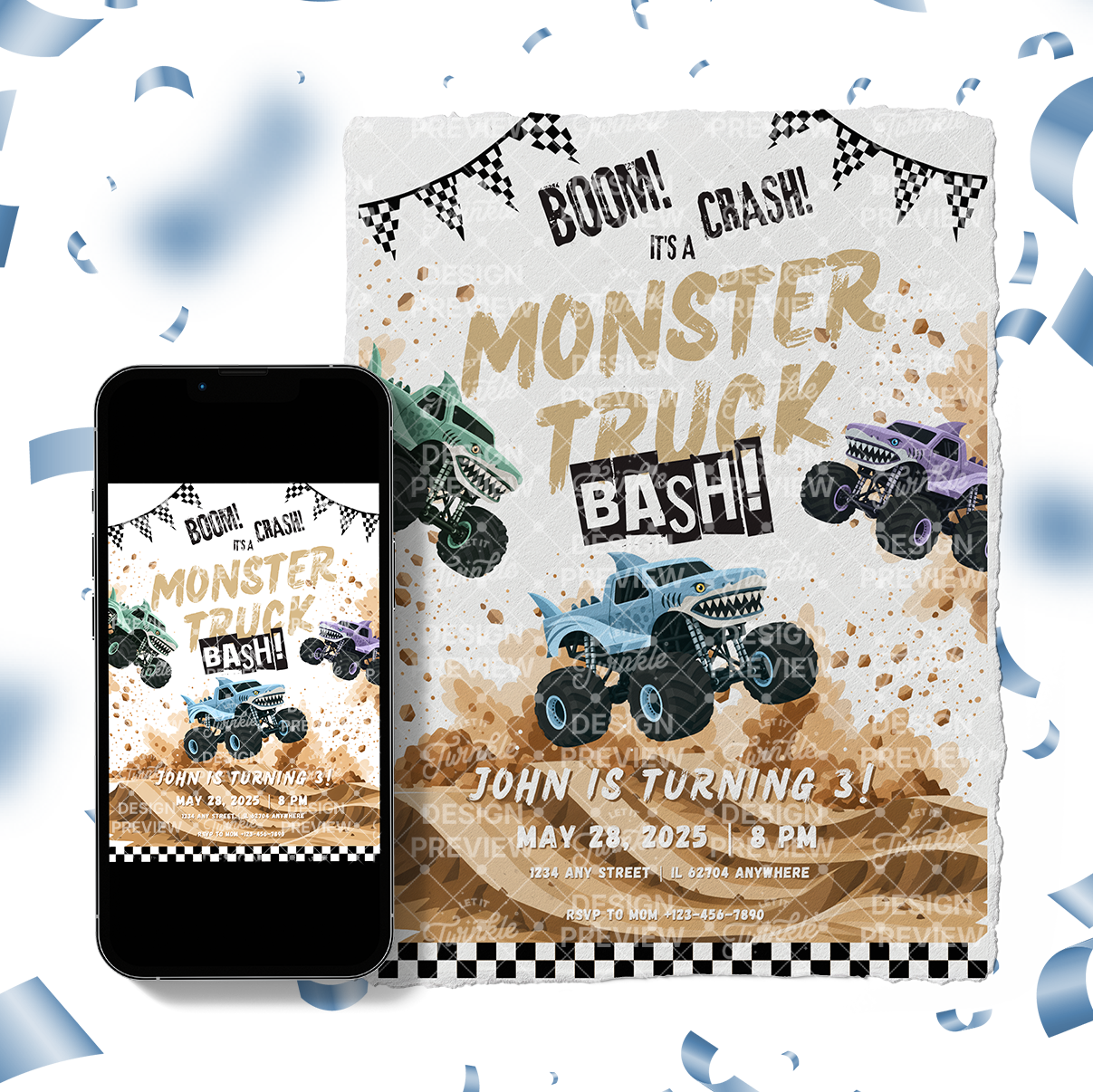 Monster Truck Bash Birthday Invitation Template • Editable Canva Invitation • Blue, Turquoise & Purple