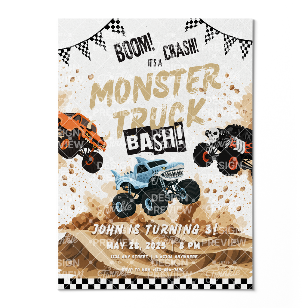 Monster Truck Bash Birthday Invitation Template • Editable Canva Invitation • Blue, Orange & Black