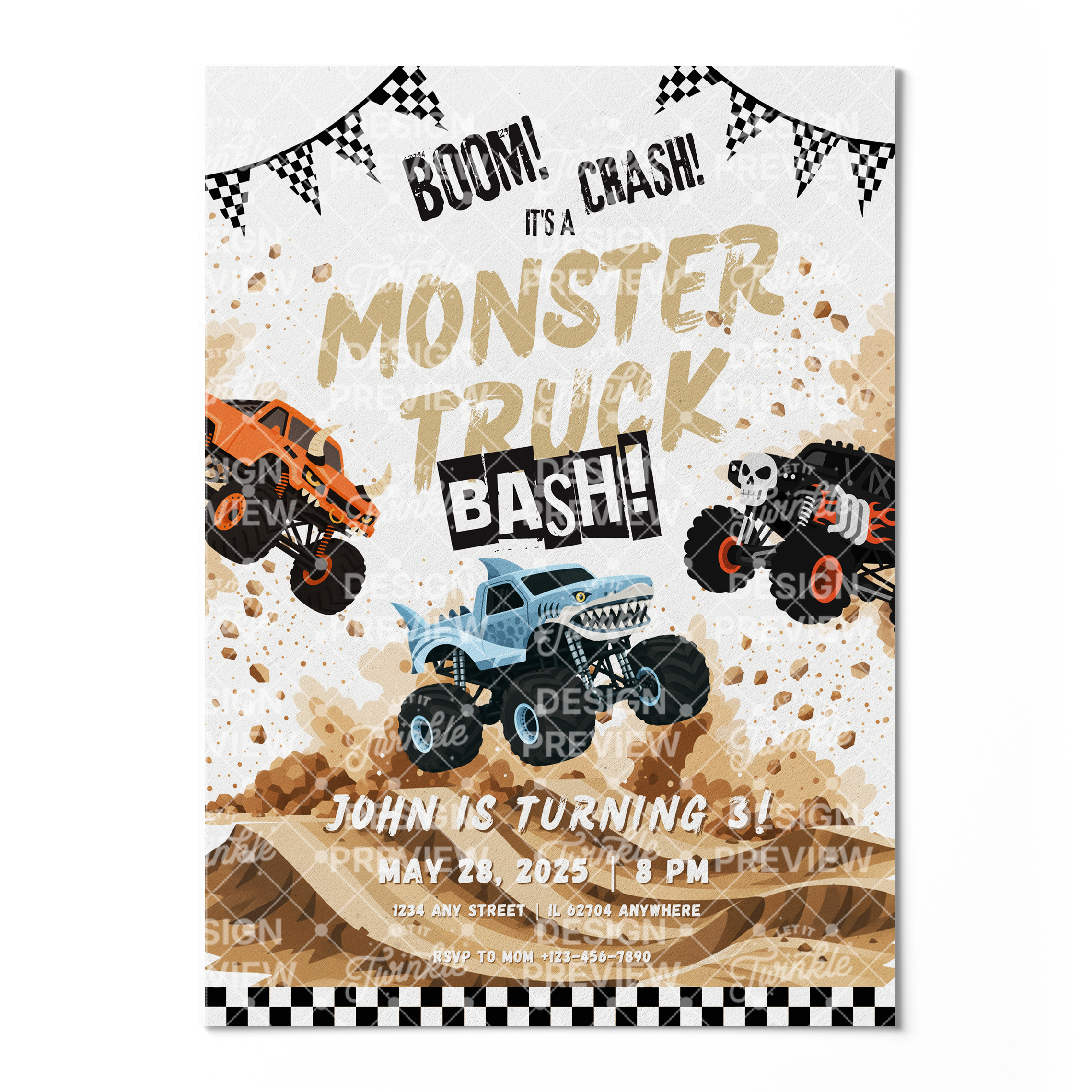 Monster Truck Bash Birthday Invitation Template • Editable Canva Invitation • Blue, Orange & Black