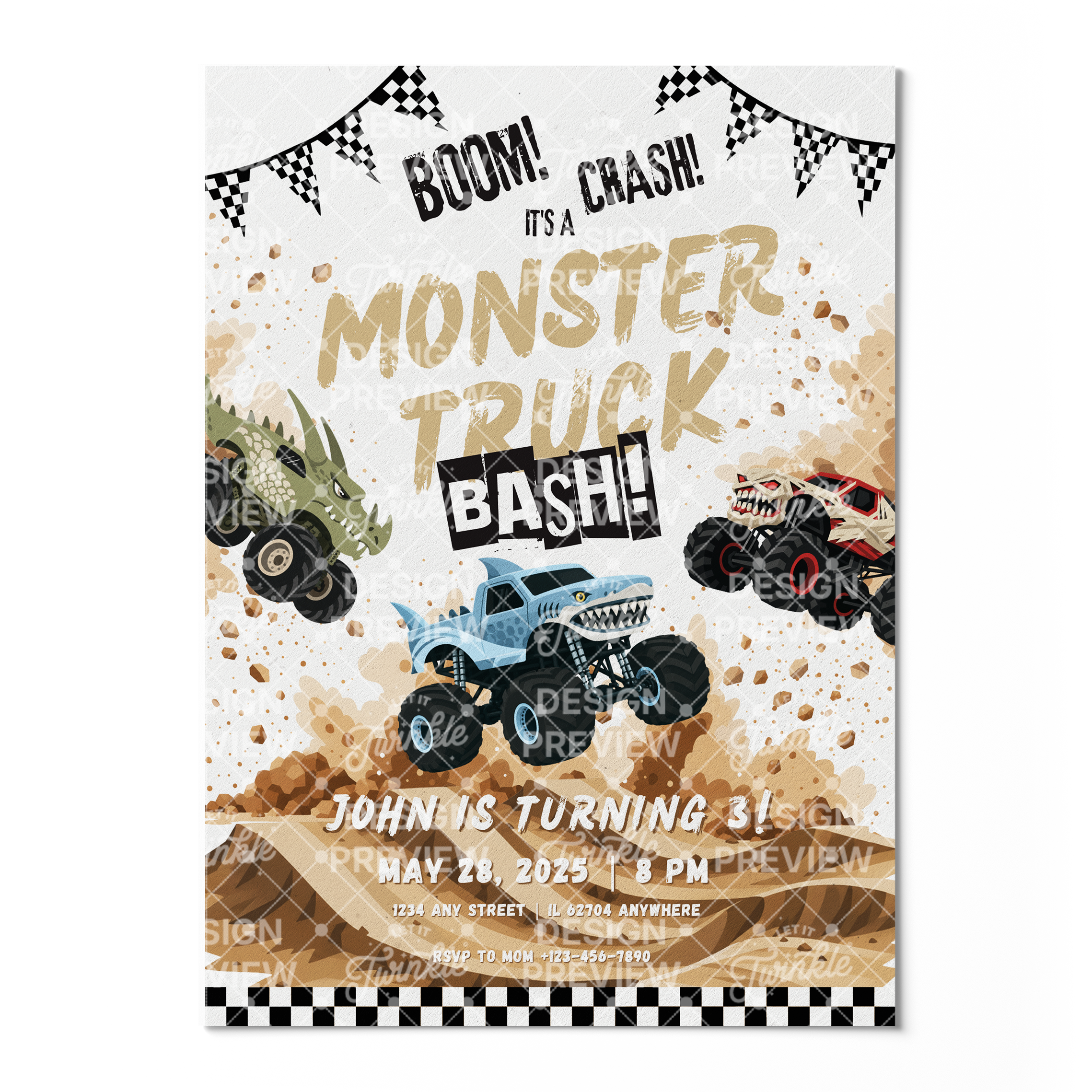 Monstertruck Geburtstagseinladung Lila & Blau