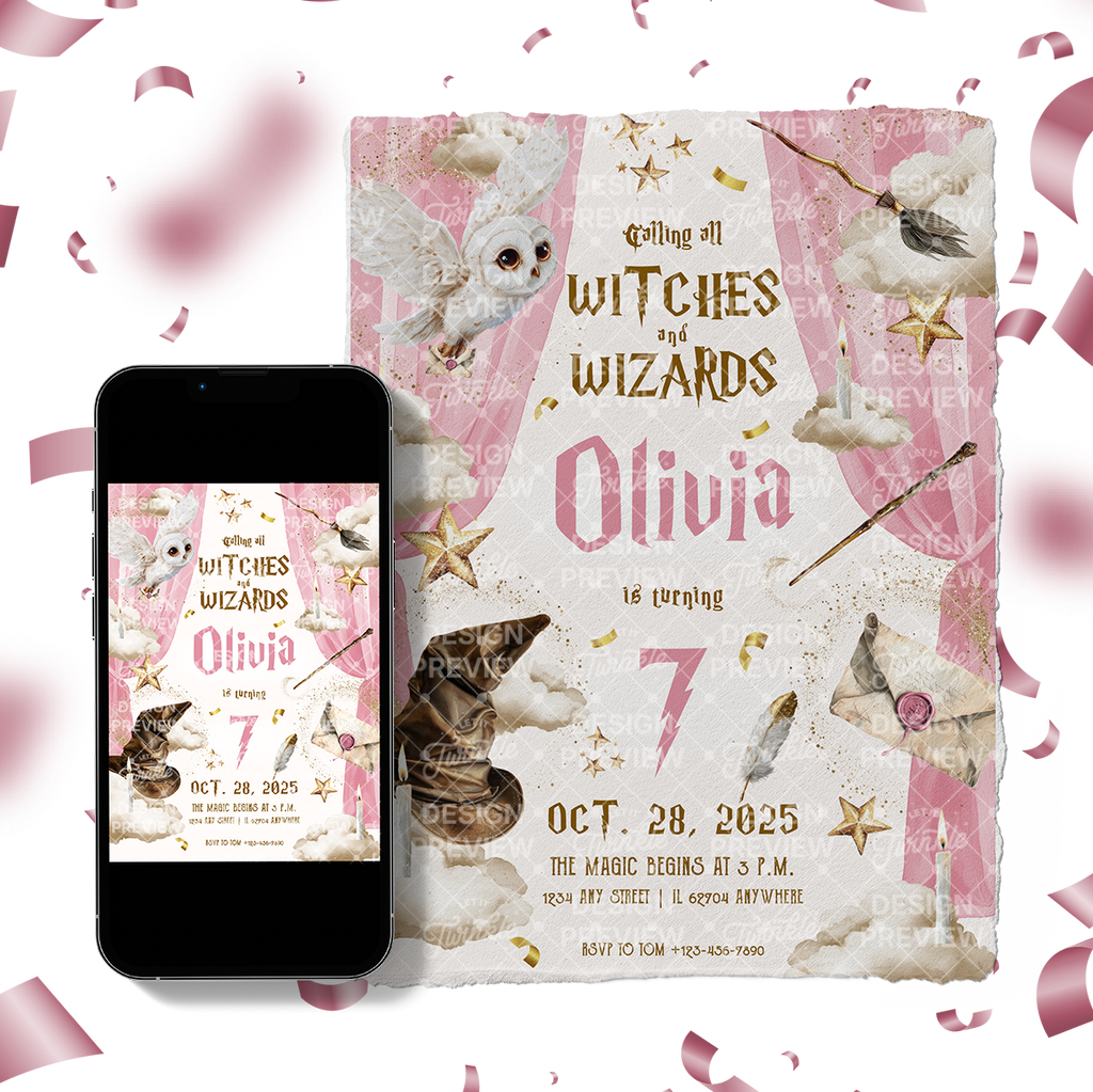 Magical School Birthday Invitation Template • Editable Canva Invitation • Pink & Beige