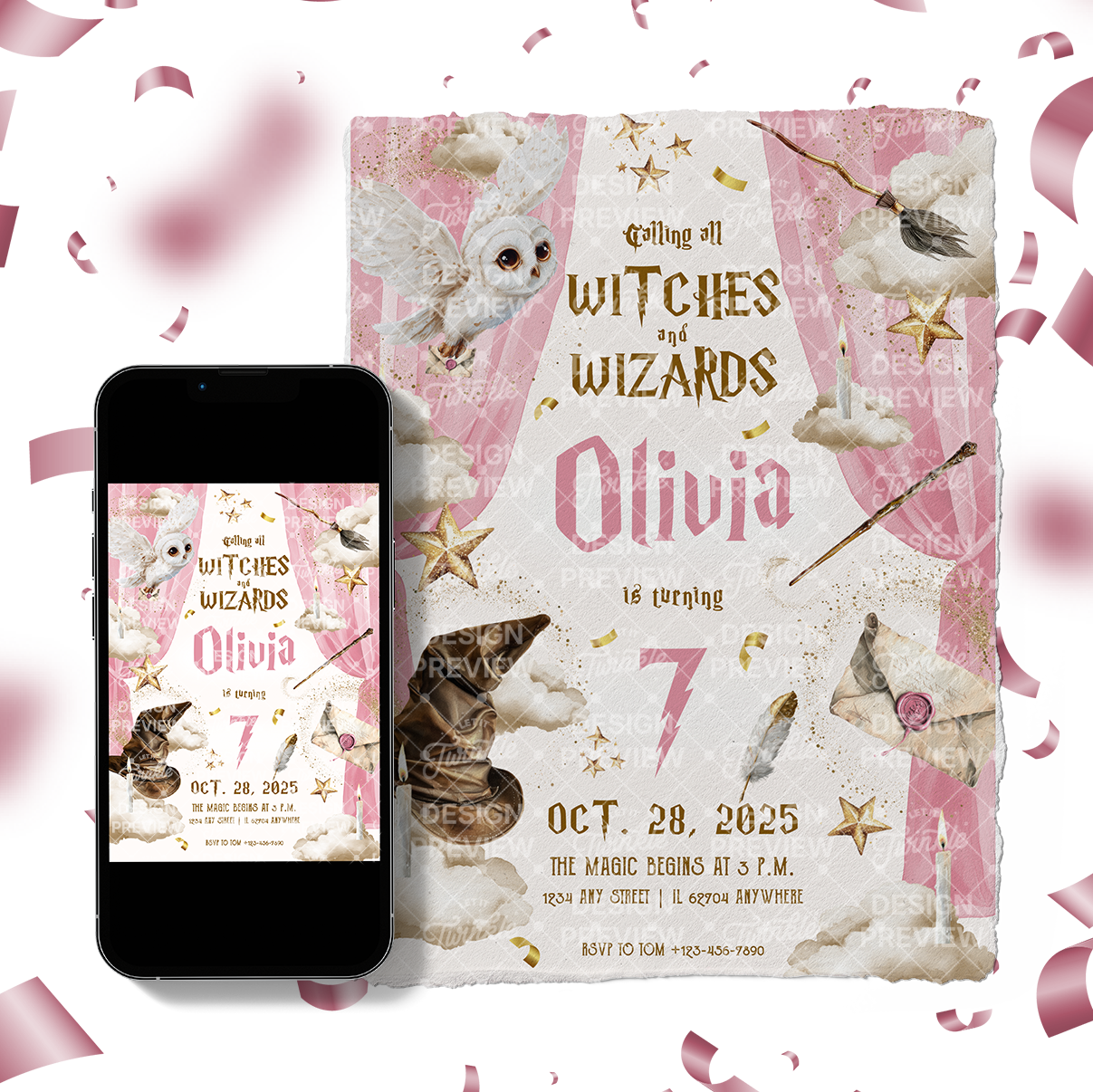 Magical School Birthday Invitation Template • Editable Canva Invitation • Pink & Beige