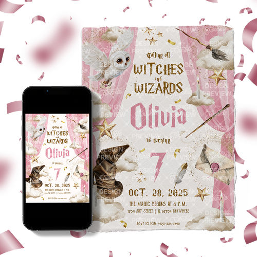 Magical School Birthday Invitation Template • Editable Canva Invitation • Pink & Beige