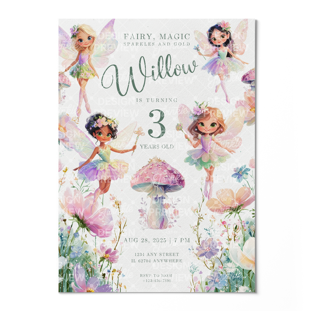 Fairy Birthday Invitation Template • Editable Canva Invitation • Pastel