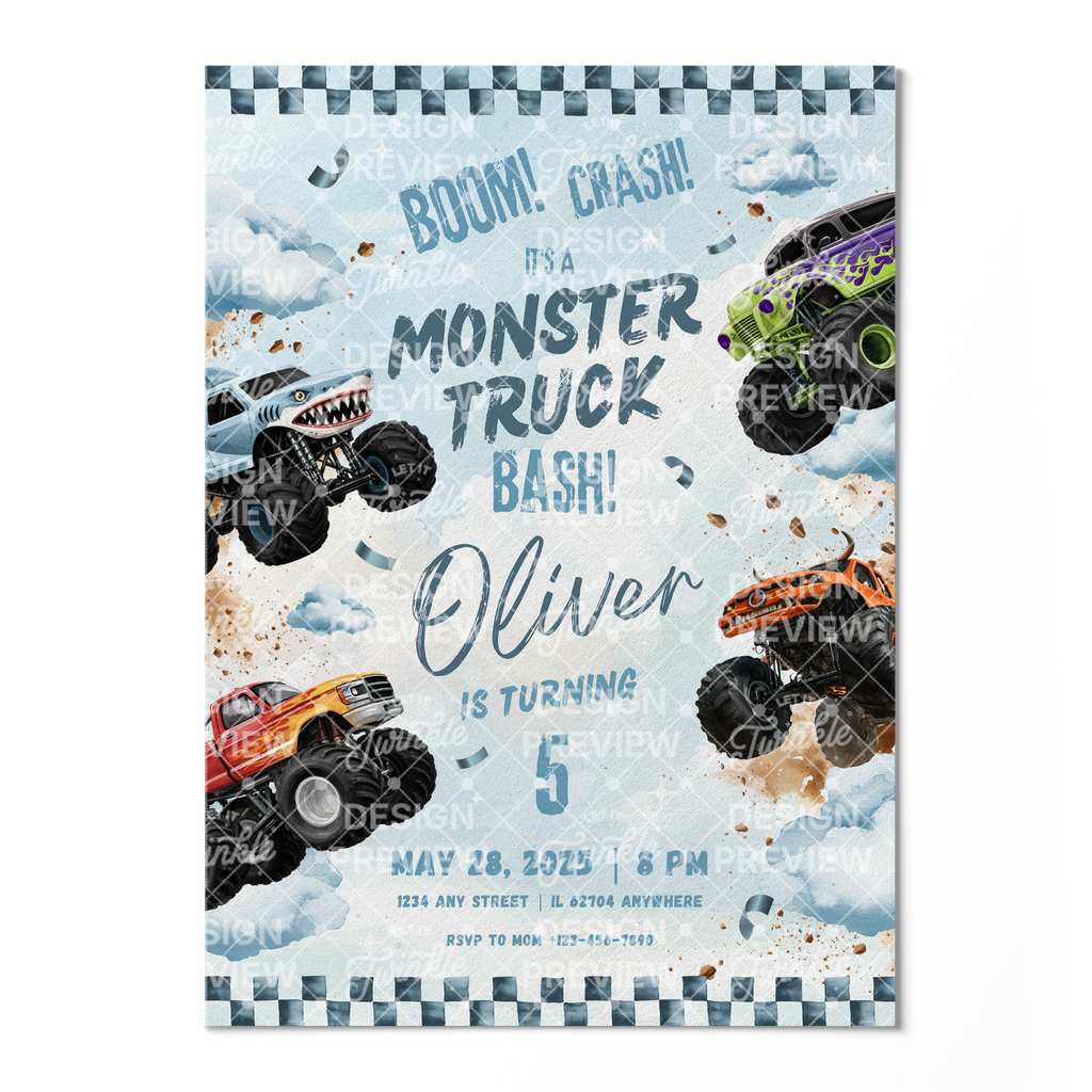 Monster Truck Bash Birthday Invitation Template • Editable Canva Invitation • Blue
