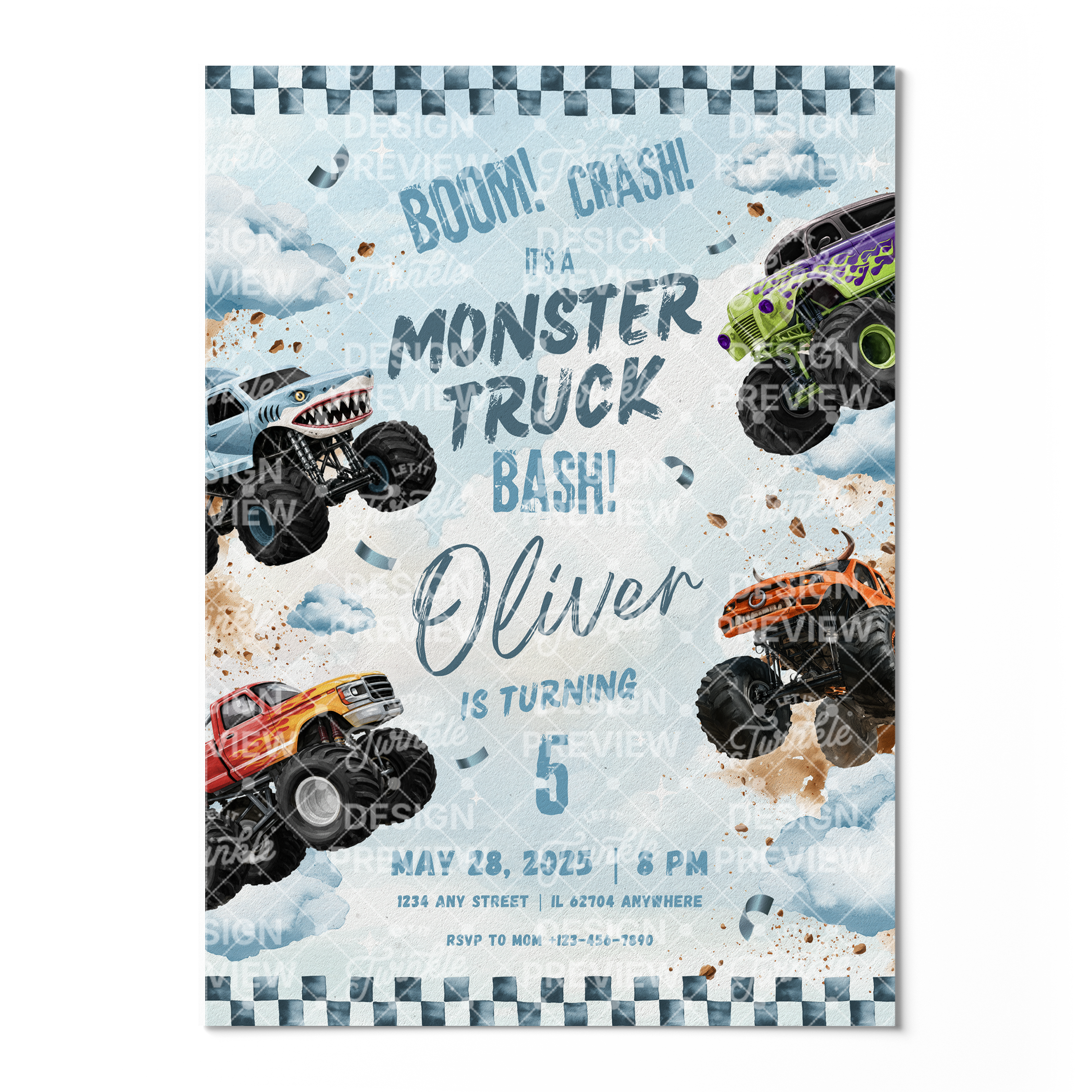 Monstertruck Geburtstagseinladung Lila & Blau