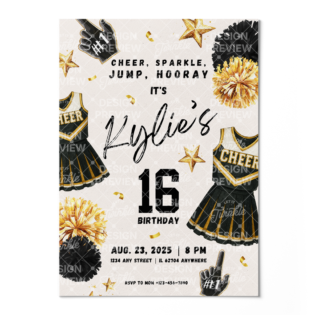 Cheerleader Birthday Invitation Template • Editable Canva Invitation • Black & Beige