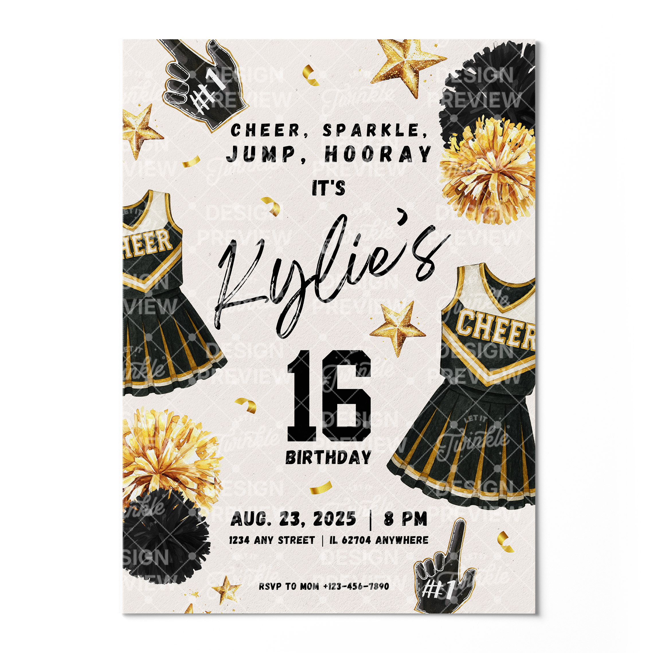 Cheerleader Birthday Invitation Template • Editable Canva Invitation • Black & Beige