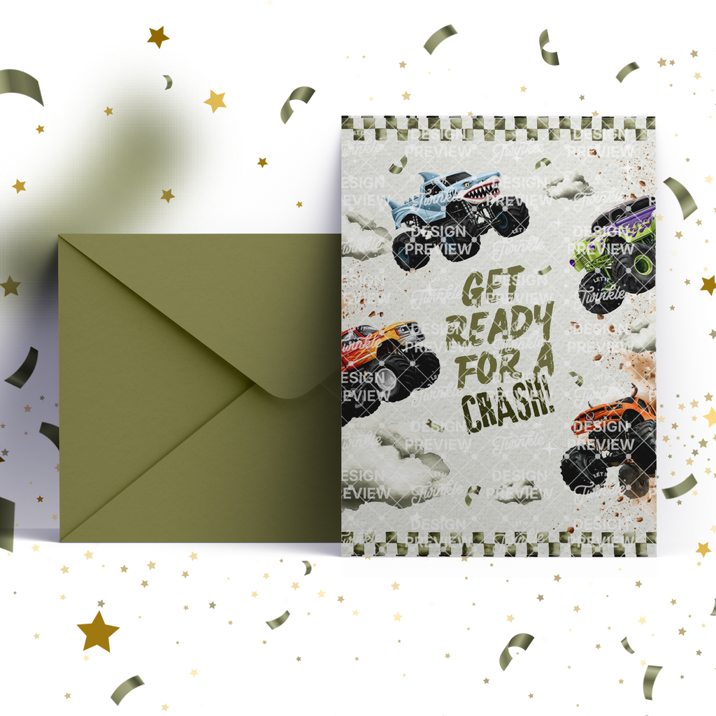 Monster Truck Bash Birthday Invitation Template • Editable Canva Invitation • Green