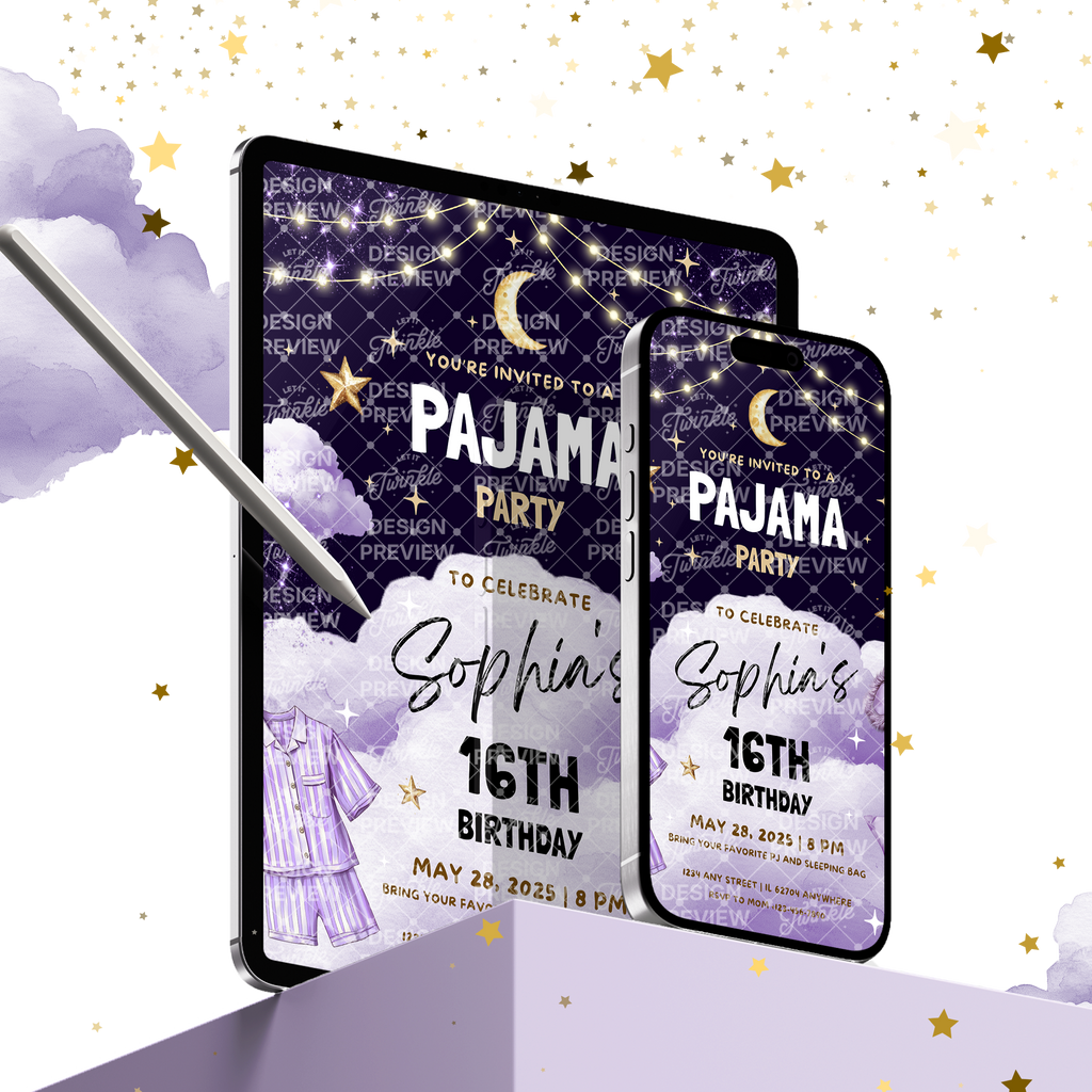 Pajama Party Night Birthday Invitation Template • Editable Canva Invitation • Purple, Black & Gold