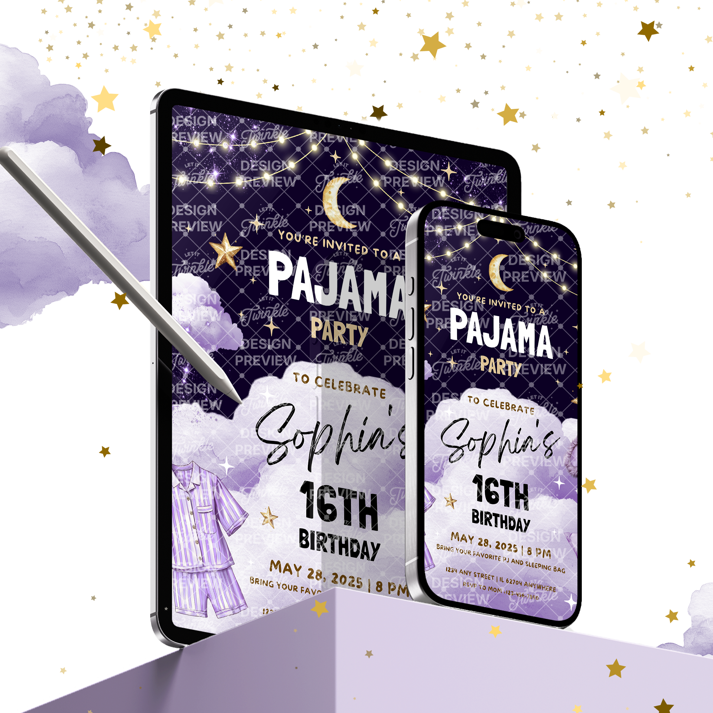 Pajama Party Night Birthday Invitation Template • Editable Canva Invitation • Purple, Black & Gold