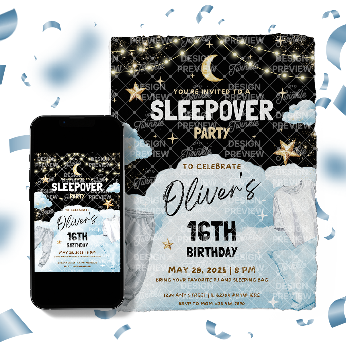 Sleepover Party Night Birthday Invitation Template • Editable Canva Invitation • Blue, Black & Gold