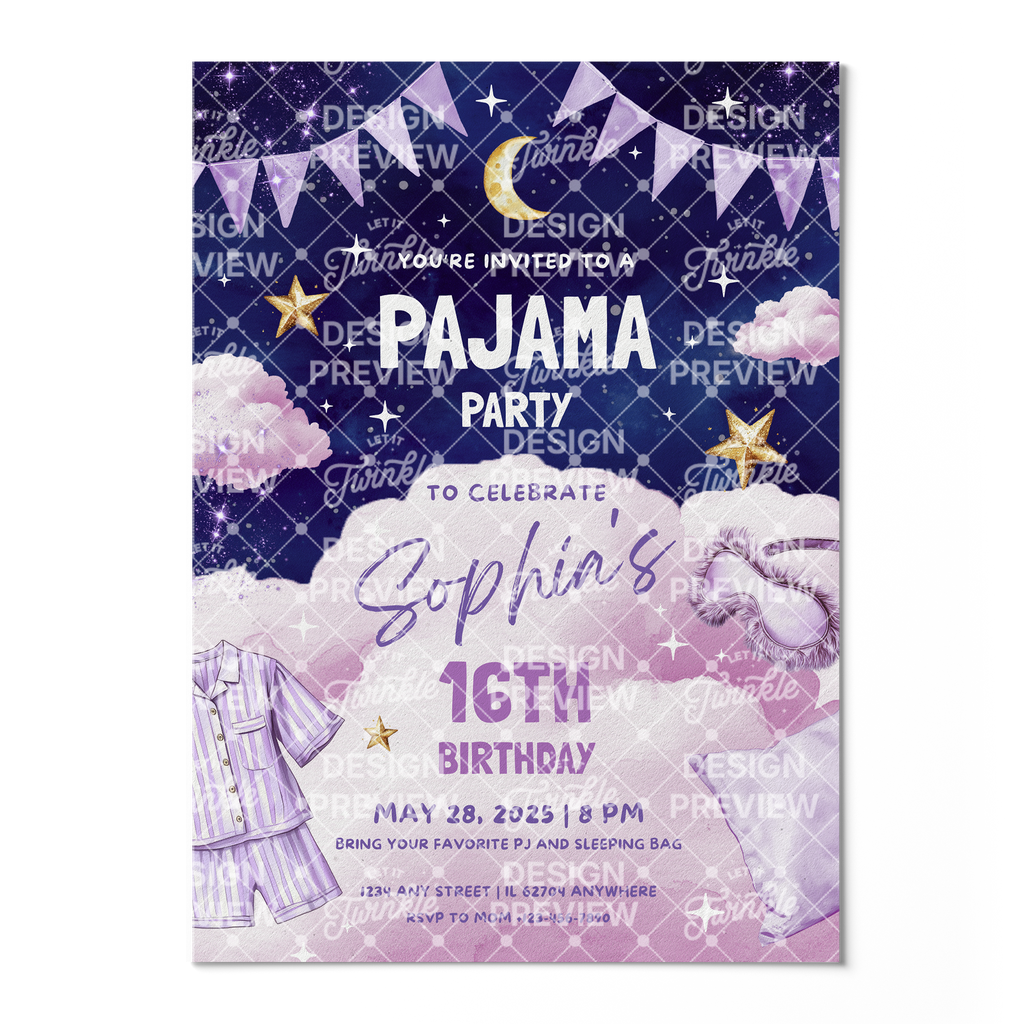 Pajama Party Night Birthday Invitation Template • Editable Canva Invitation • Purple & Pink