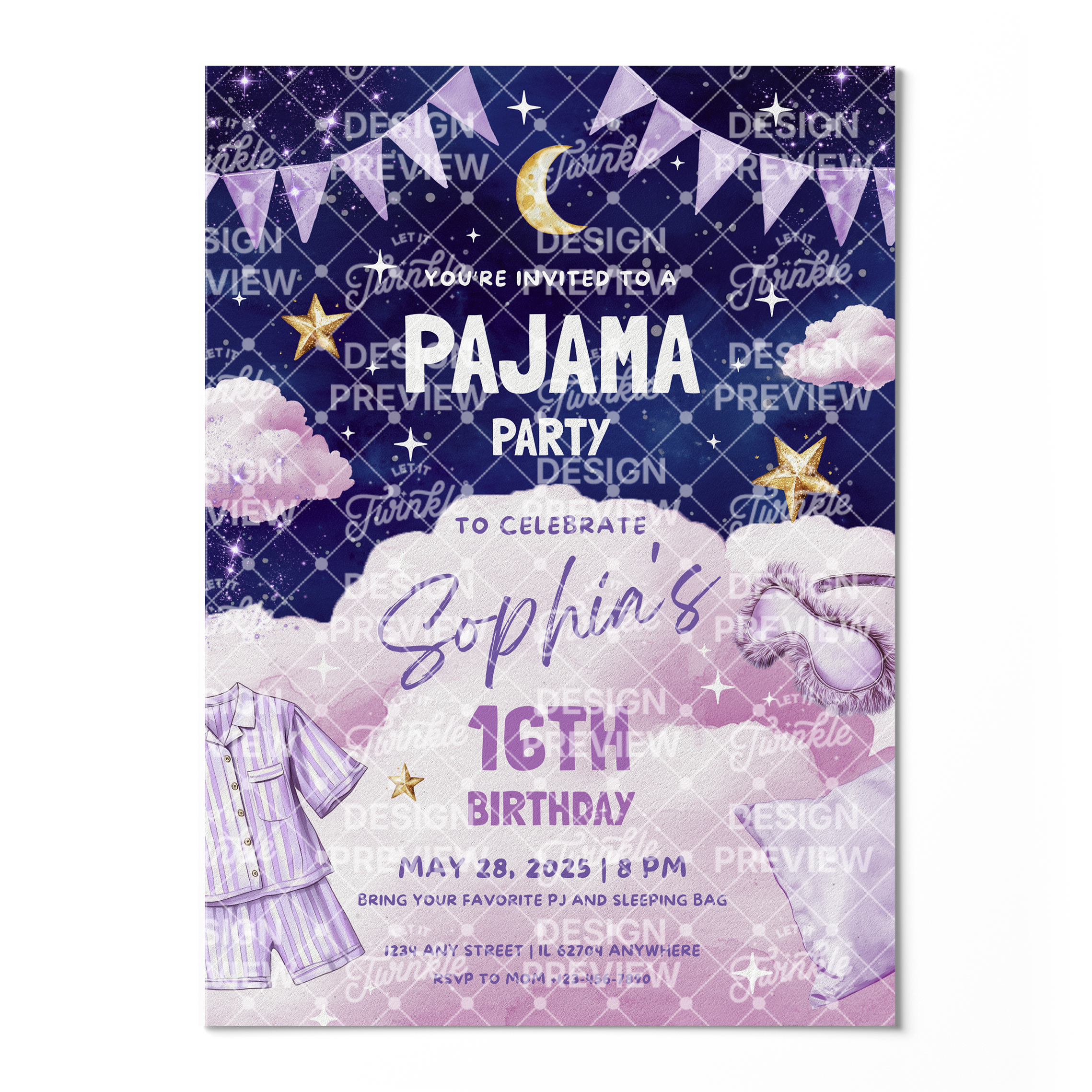 Pajama Party Night Birthday Invitation Template • Editable Canva Invitation • Purple & Pink