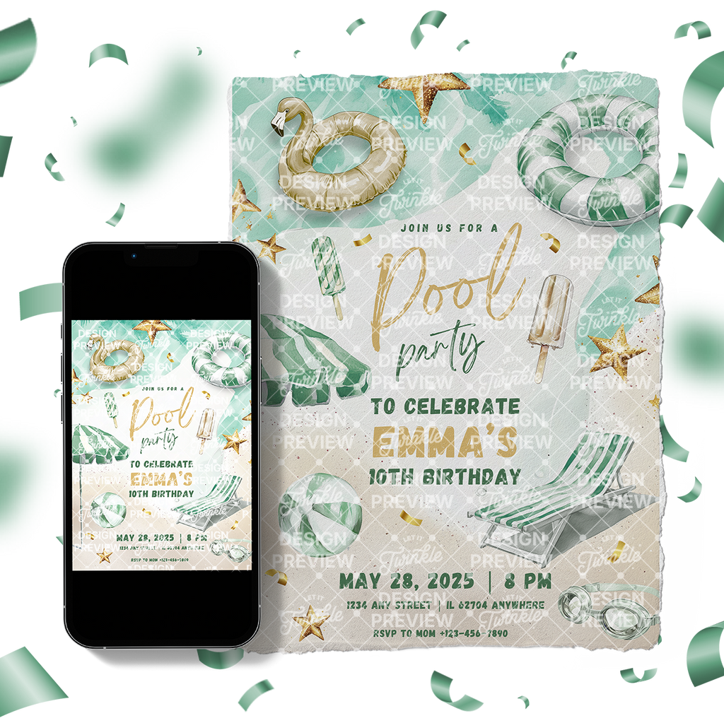 Pool Party Birthday Invitation Template • Editable Canva Invitation • Green & Gold