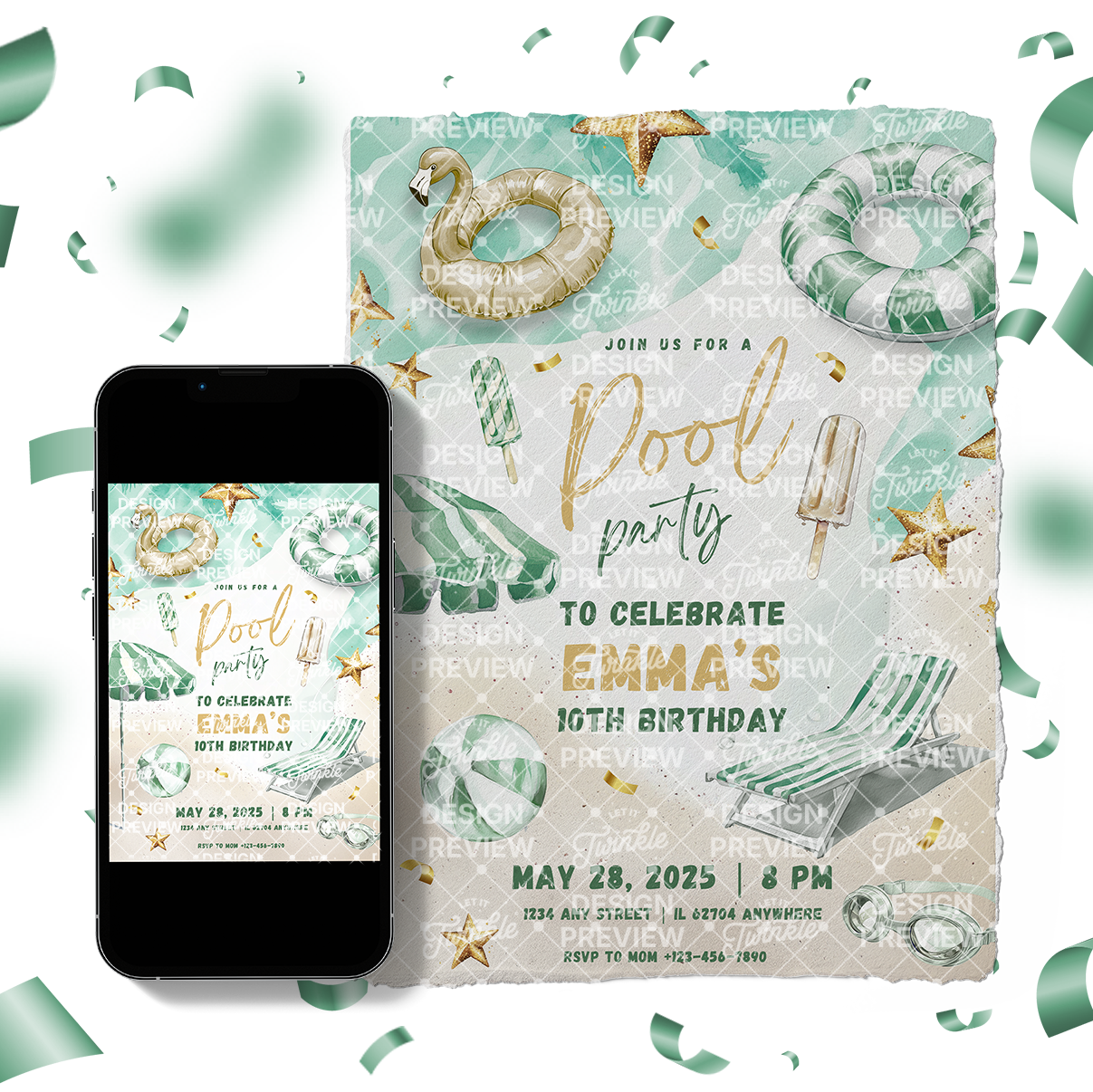 Pool Party Birthday Invitation Template • Editable Canva Invitation • Green & Gold