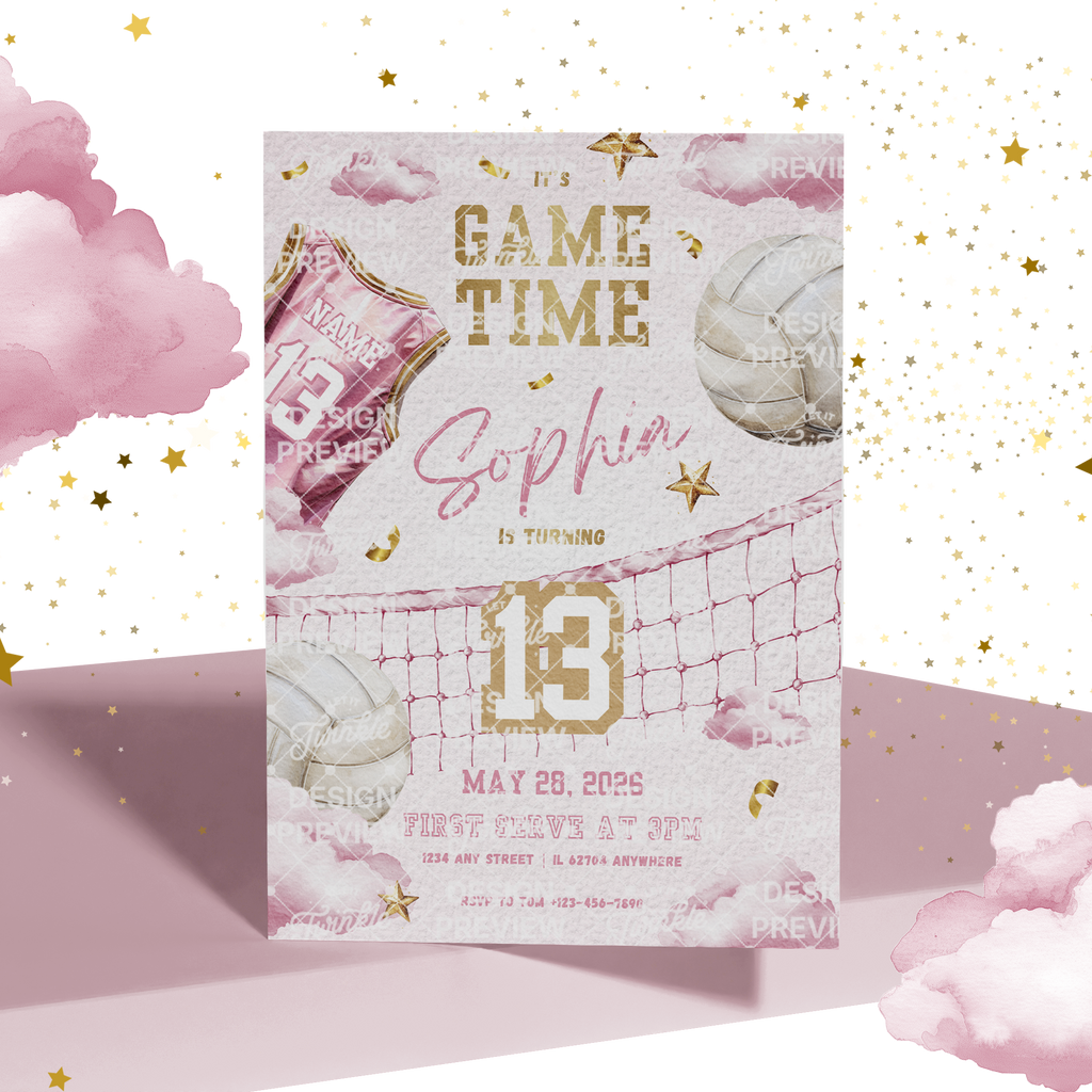 Volleyball Birthday Invitation Template • Editable Canva Invitation • Pink & Gold