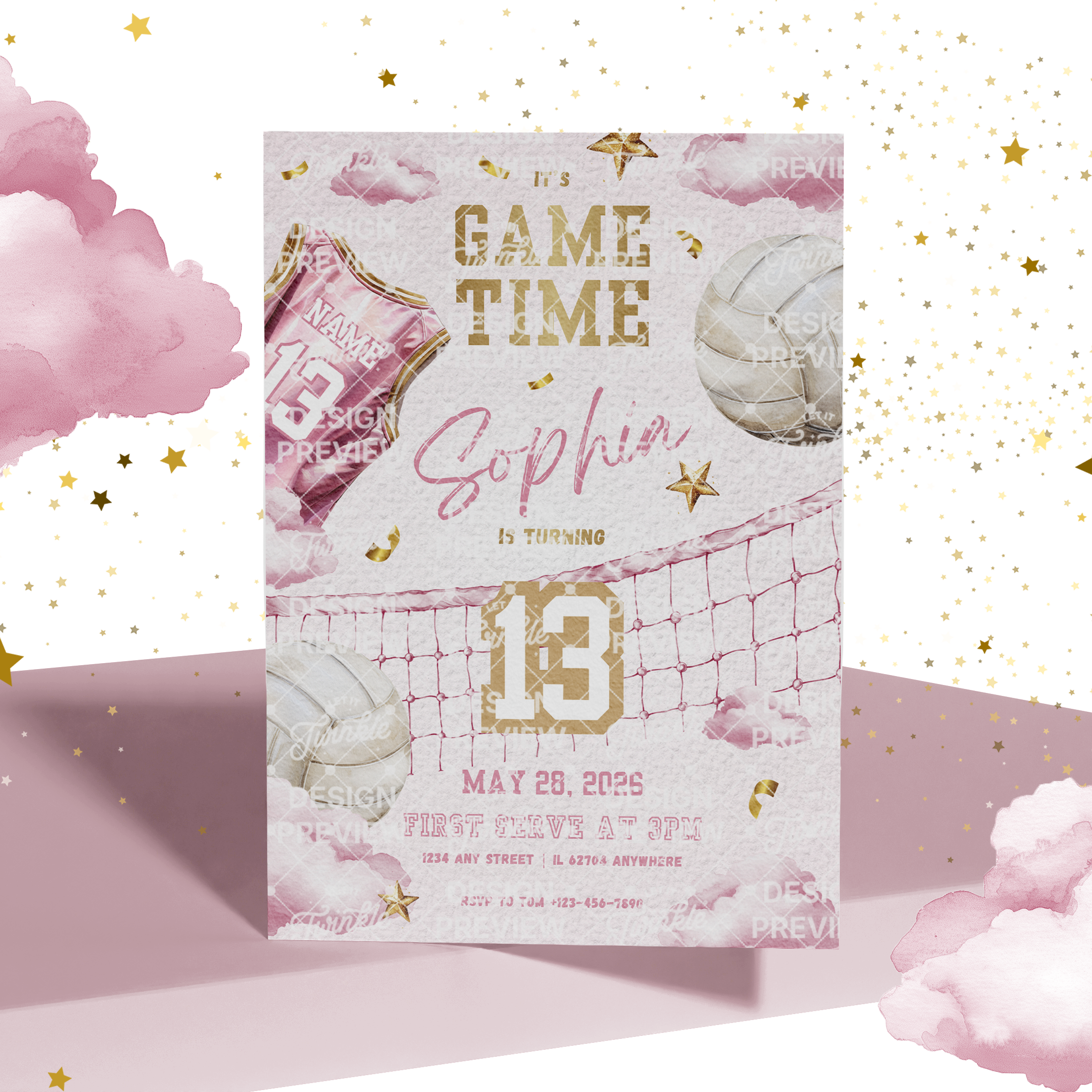 Volleyball Birthday Invitation Template • Editable Canva Invitation • Pink & Gold