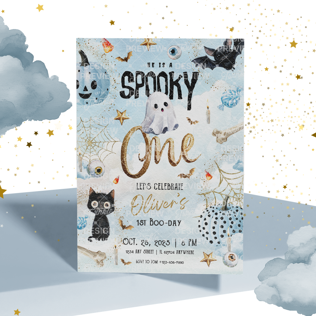 Spooky One Halloween First Birthday Invitation Template • Editable Canva Invitation • Blue & Gold