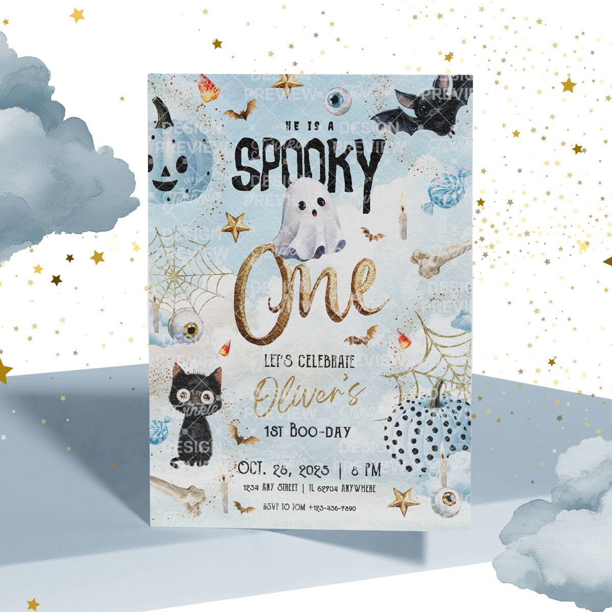 Spooky One Halloween First Birthday Invitation Template • Editable Canva Invitation • Blue & Gold