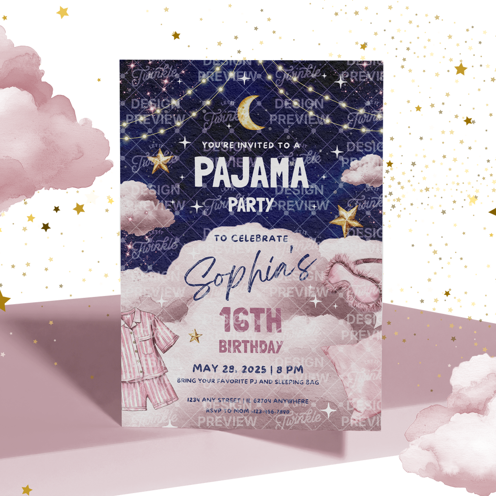 Pajama Party Night Birthday Invitation Template • Editable Canva Invitation • Pink