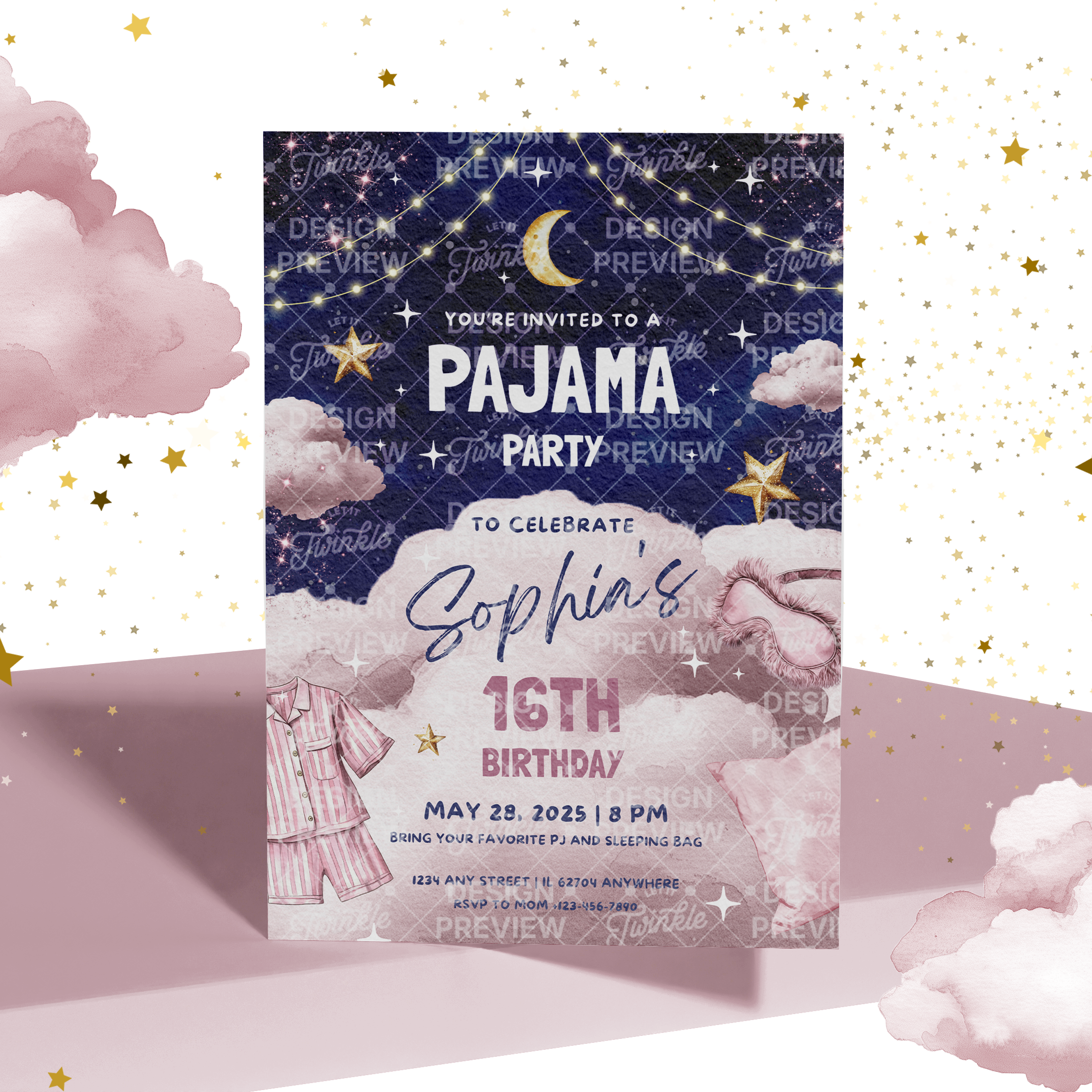 Pajama Party Night Birthday Invitation Template • Editable Canva Invitation • Pink