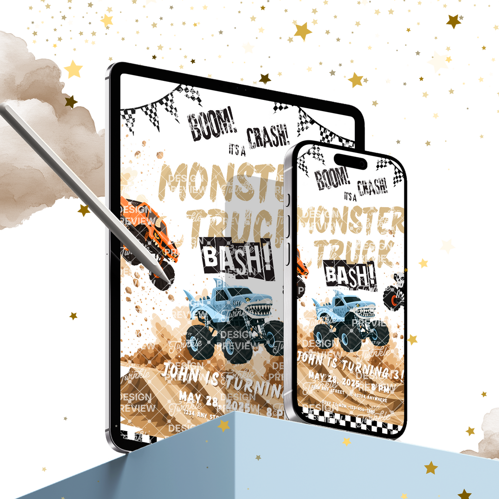 Monster Truck Bash Birthday Invitation Template • Editable Canva Invitation • Blue, Orange & Black
