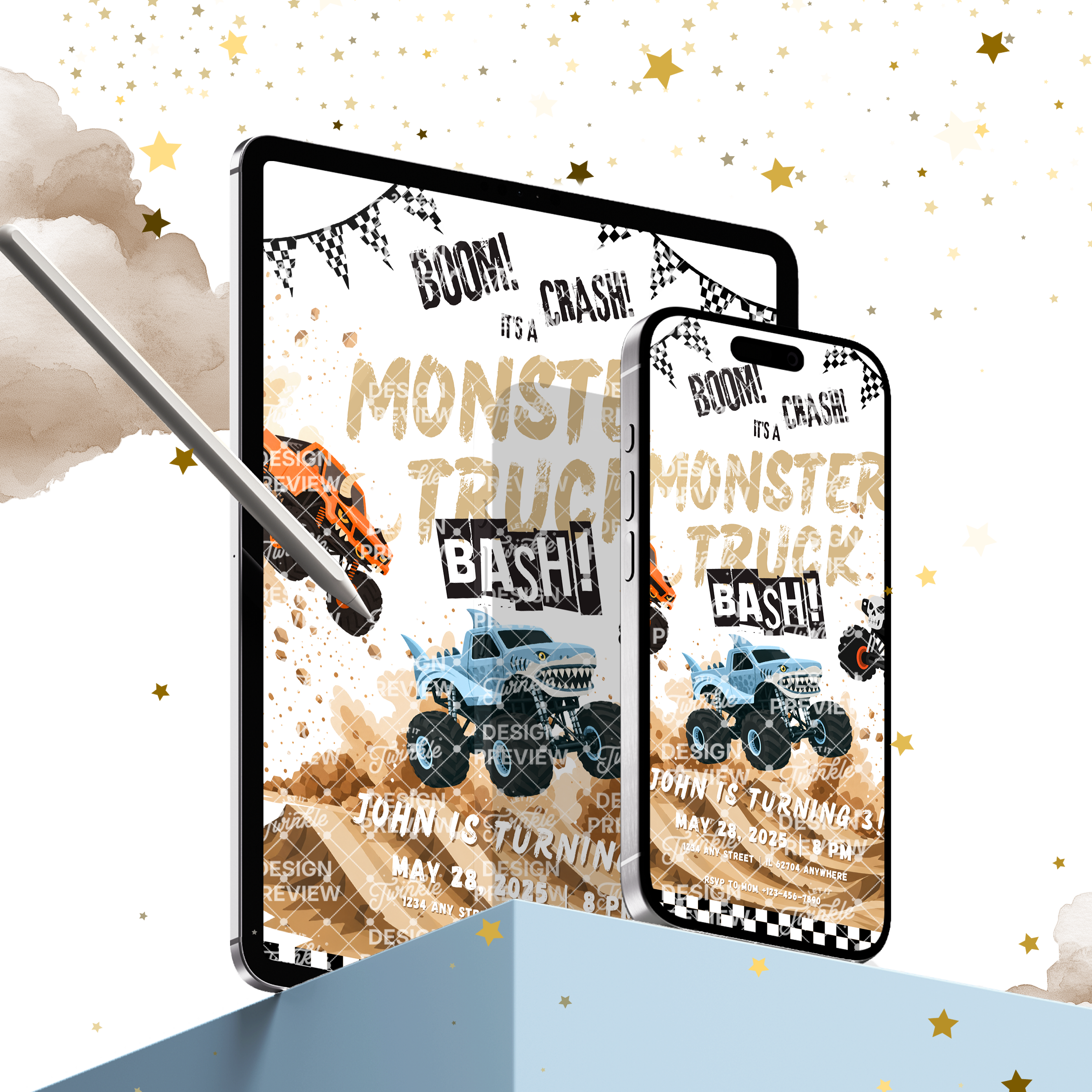 Monster Truck Bash Birthday Invitation Template • Editable Canva Invitation • Blue, Orange & Black
