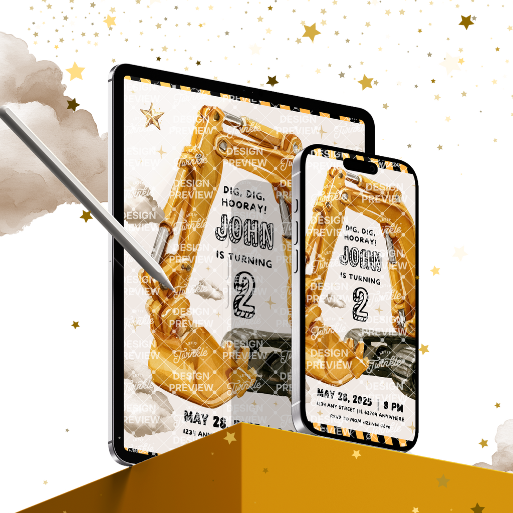 Digger Birthday Invitation Template • Editable Canva Invitation • Yellow, Beige & Gold