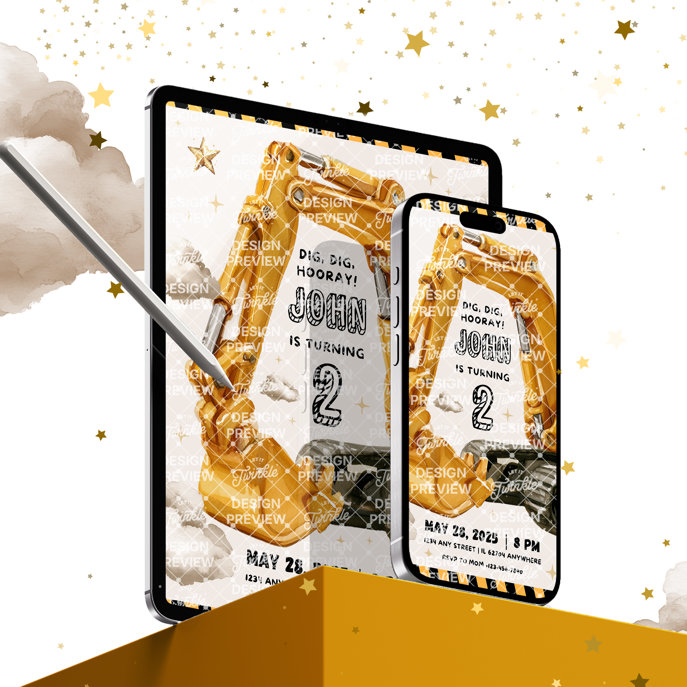 Digger Birthday Invitation Template • Editable Canva Invitation • Yellow, Beige & Gold