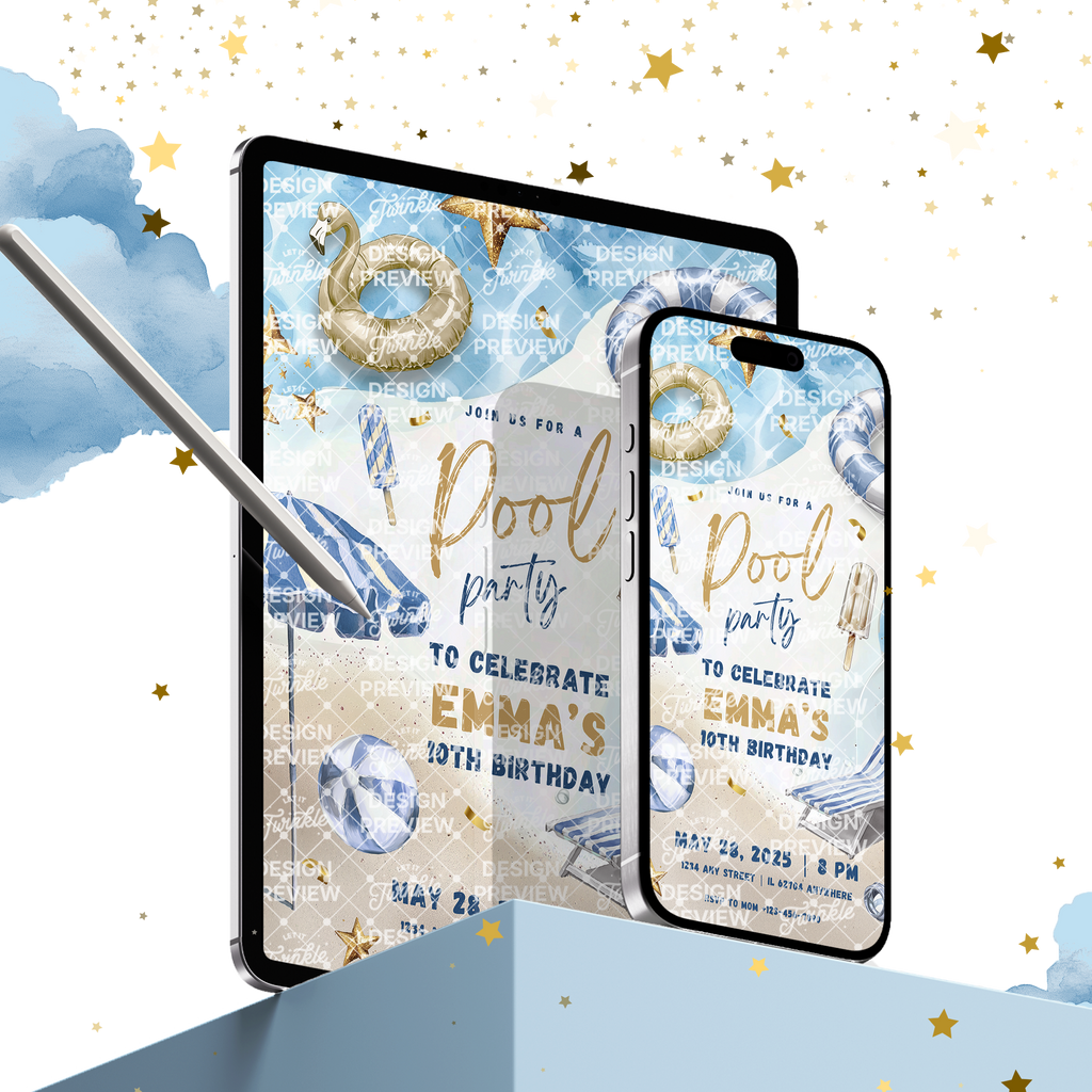 Pool Party Birthday Invitation Template • Editable Canva Invitation • Blue & Gold