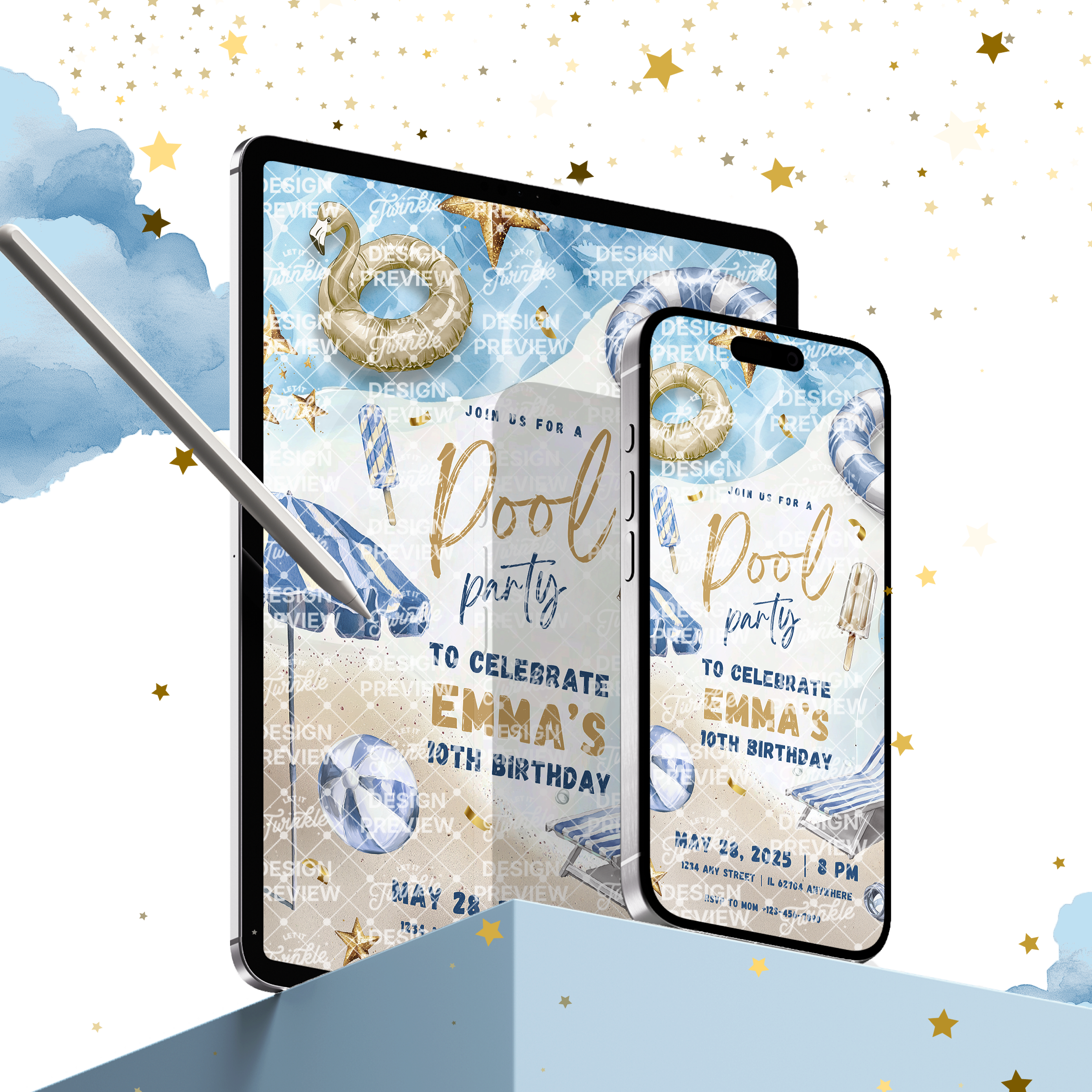 Pool Party Birthday Invitation Template • Editable Canva Invitation • Blue & Gold