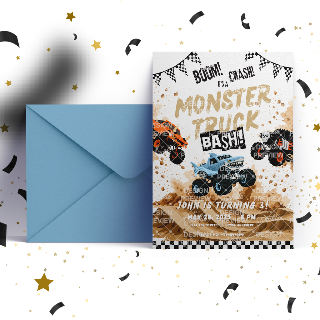 Monster Truck Bash Birthday Invitation Template • Editable Canva Invitation • Blue, Orange & Black