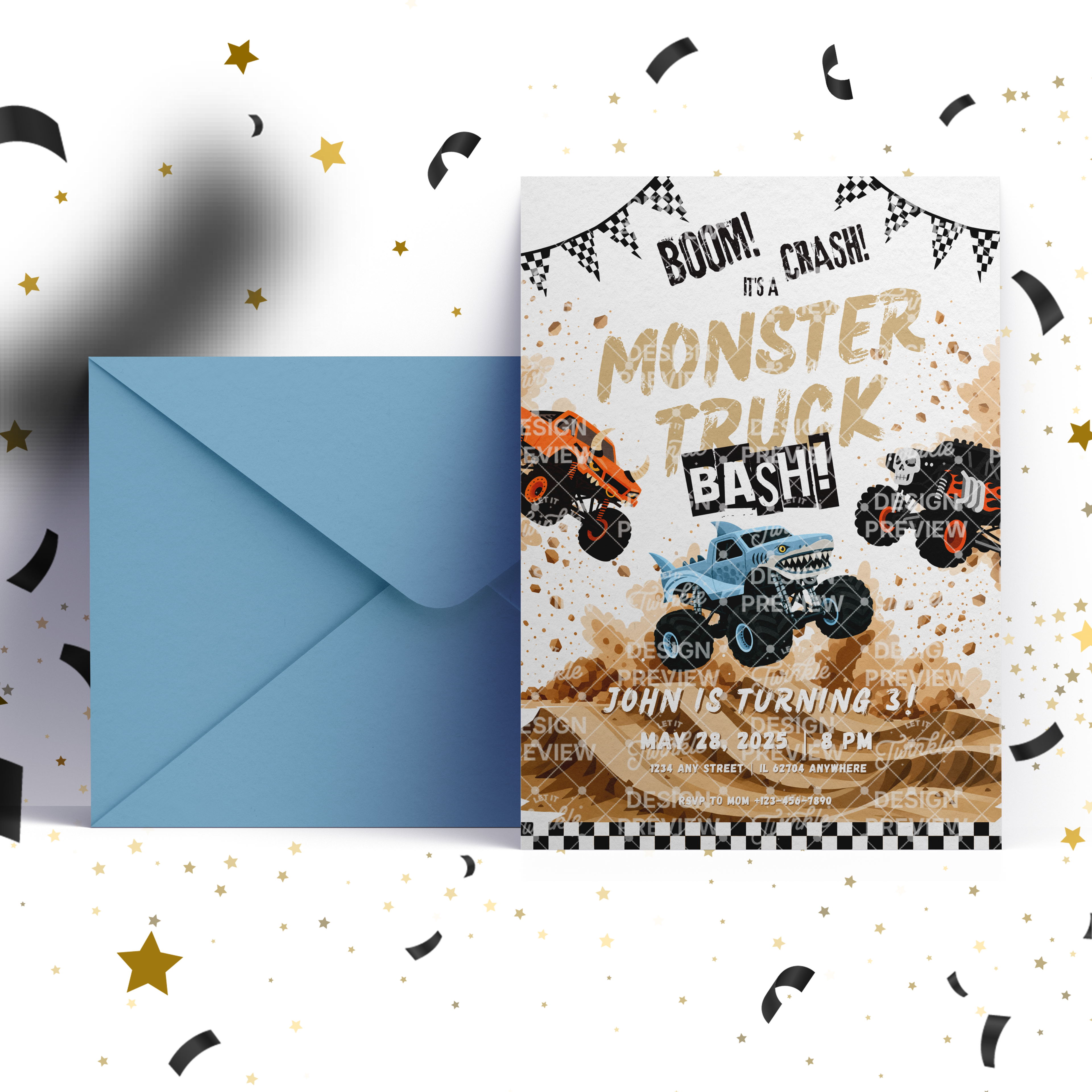 Monster Truck Bash Birthday Invitation Template • Editable Canva Invitation • Blue, Orange & Black