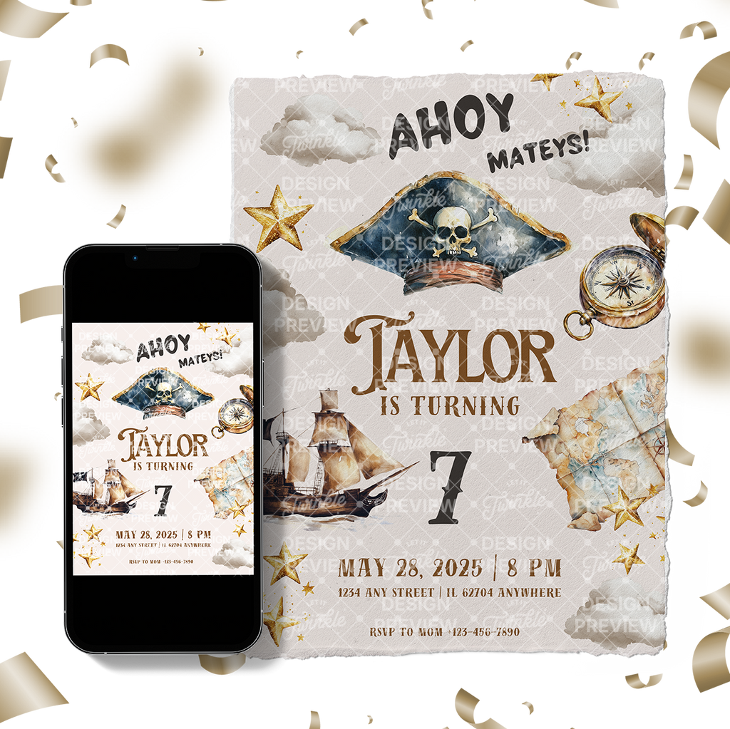 Pirate Birthday Invitation Template • Editable Canva Invitation • Brown & Beige