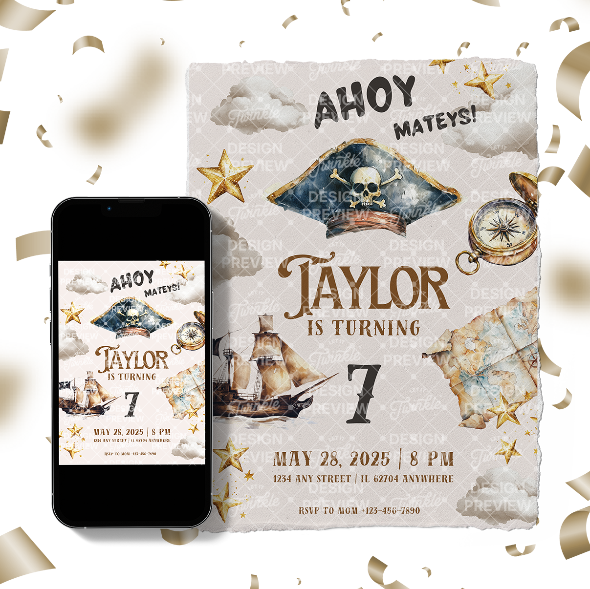 Pirate Birthday Invitation Template • Editable Canva Invitation • Brown & Beige