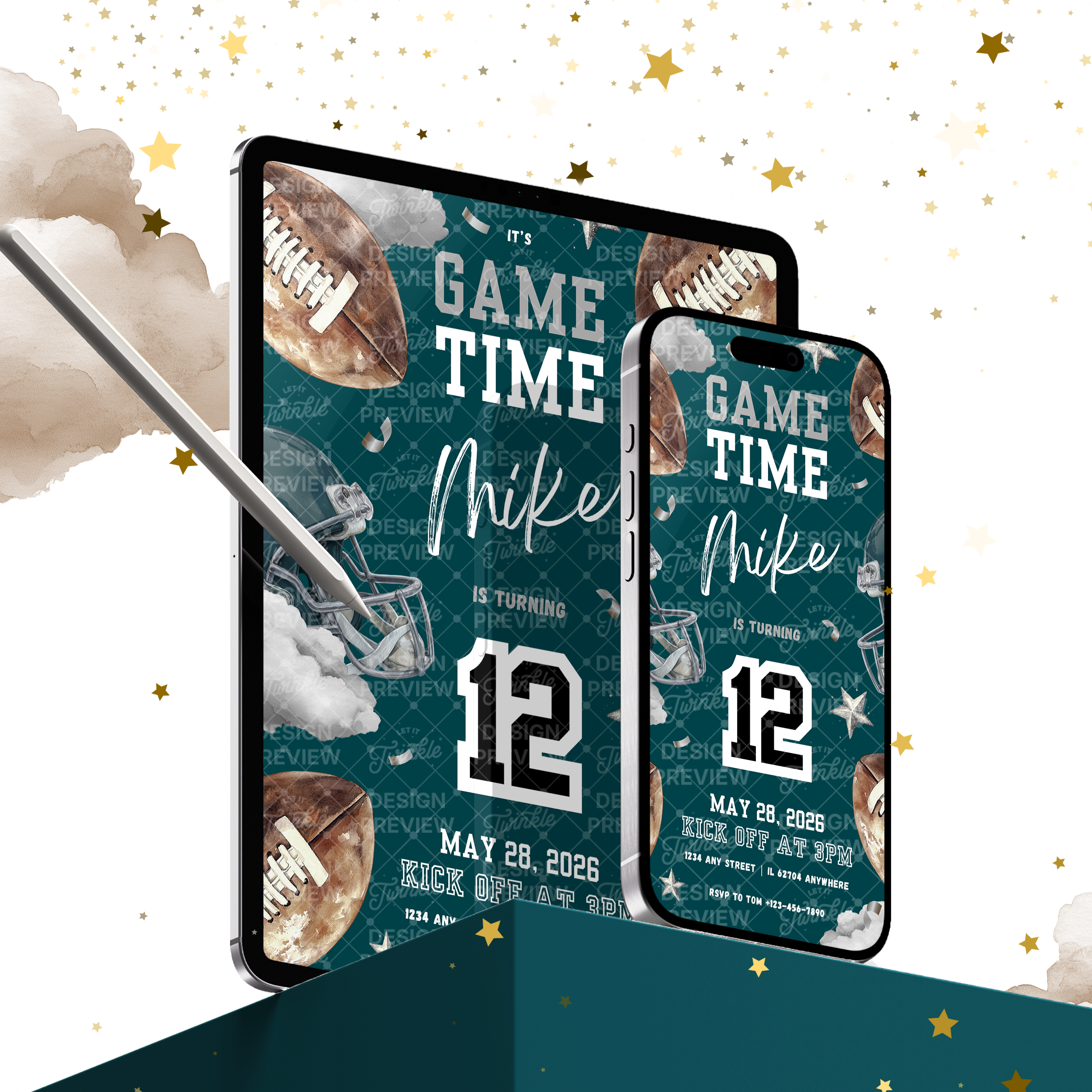 Football Birthday Invitation Template • Editable Canva Invitation • Dark Teal
