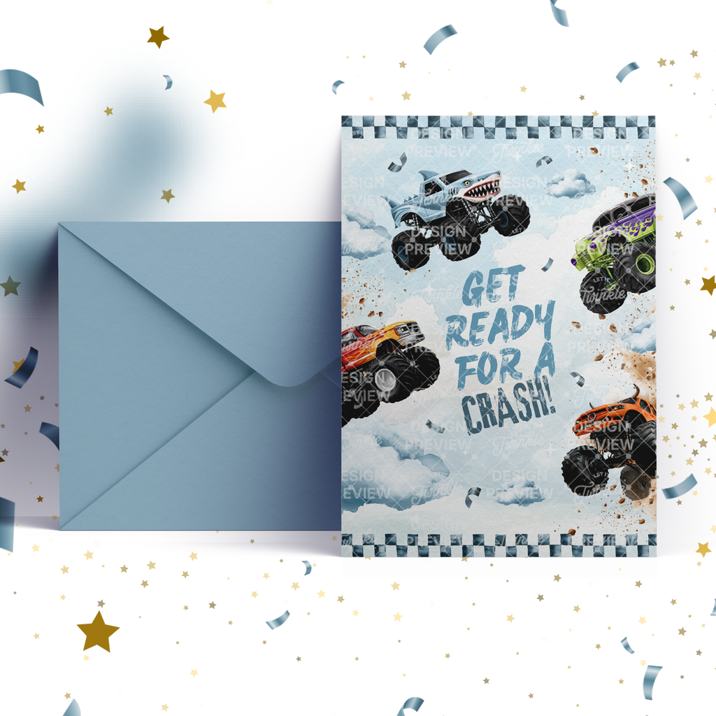 Monster Truck Bash Birthday Invitation Template • Editable Canva Invitation • Blue