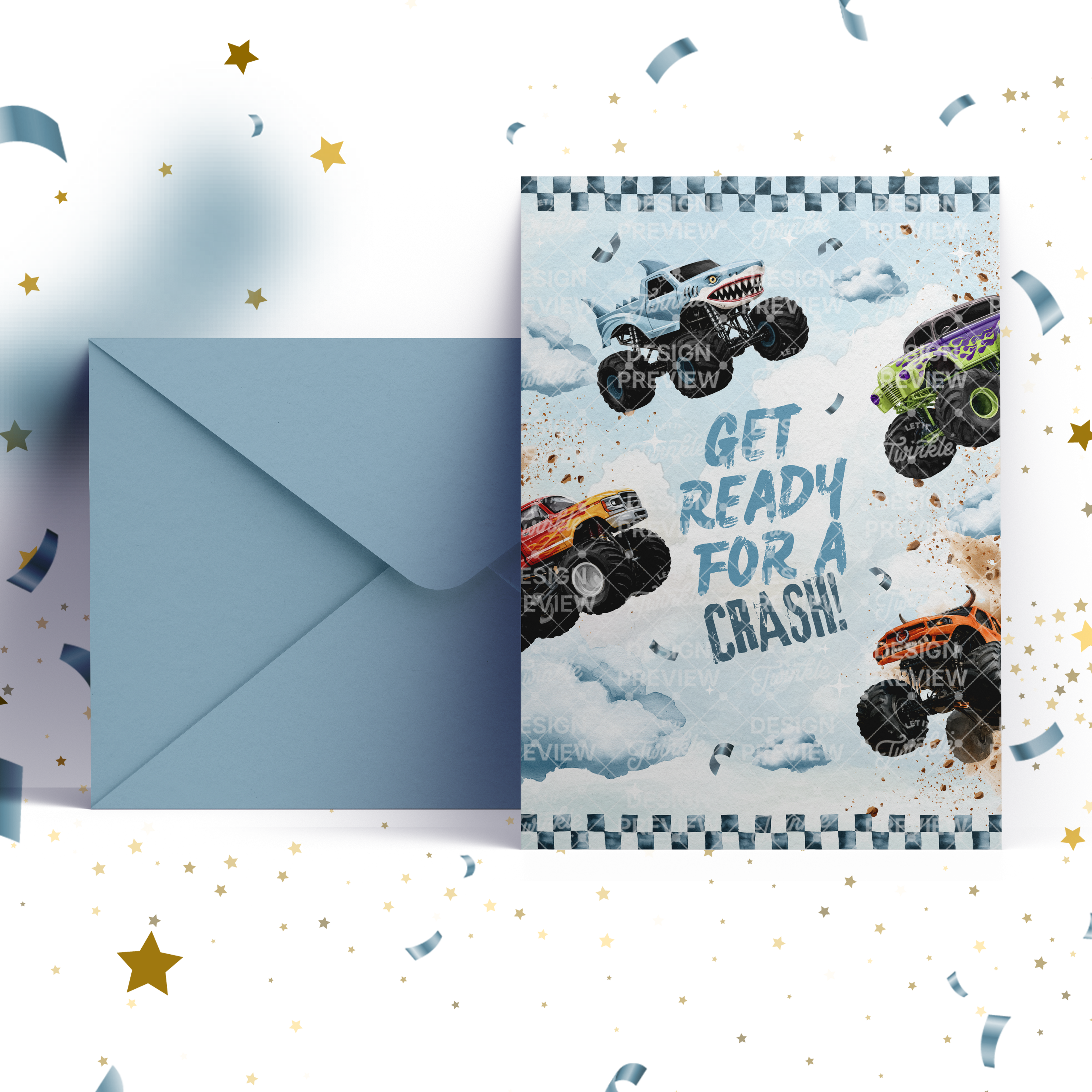 Monster Truck Bash Birthday Invitation Template • Editable Canva Invitation • Blue