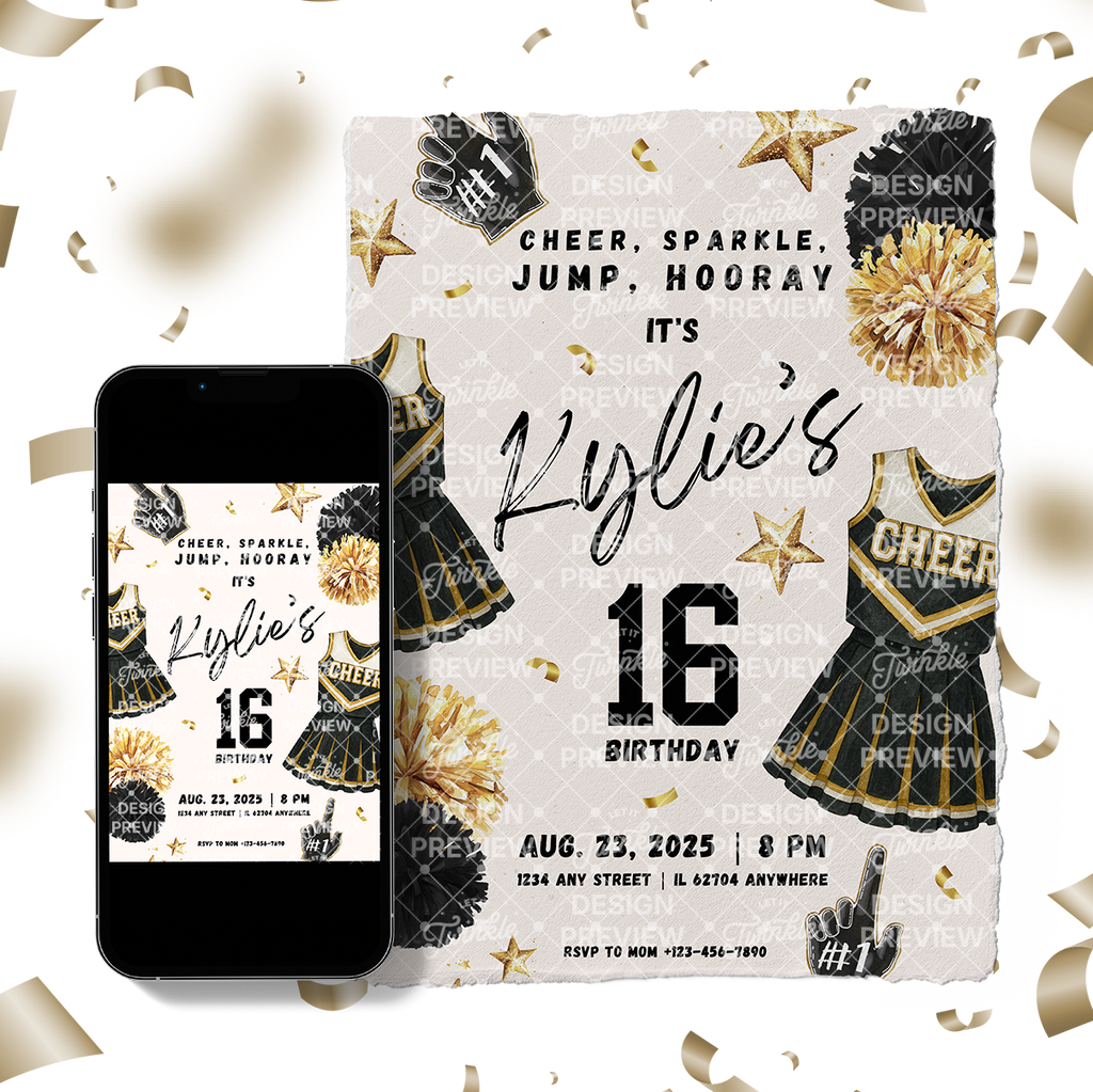 Cheerleader Birthday Invitation Template • Editable Canva Invitation • Black & Beige