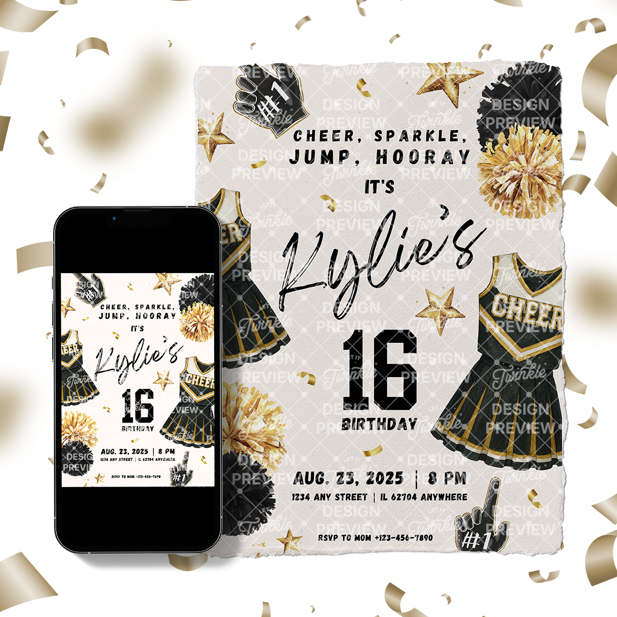 Cheerleader Birthday Invitation Template • Editable Canva Invitation • Black & Beige