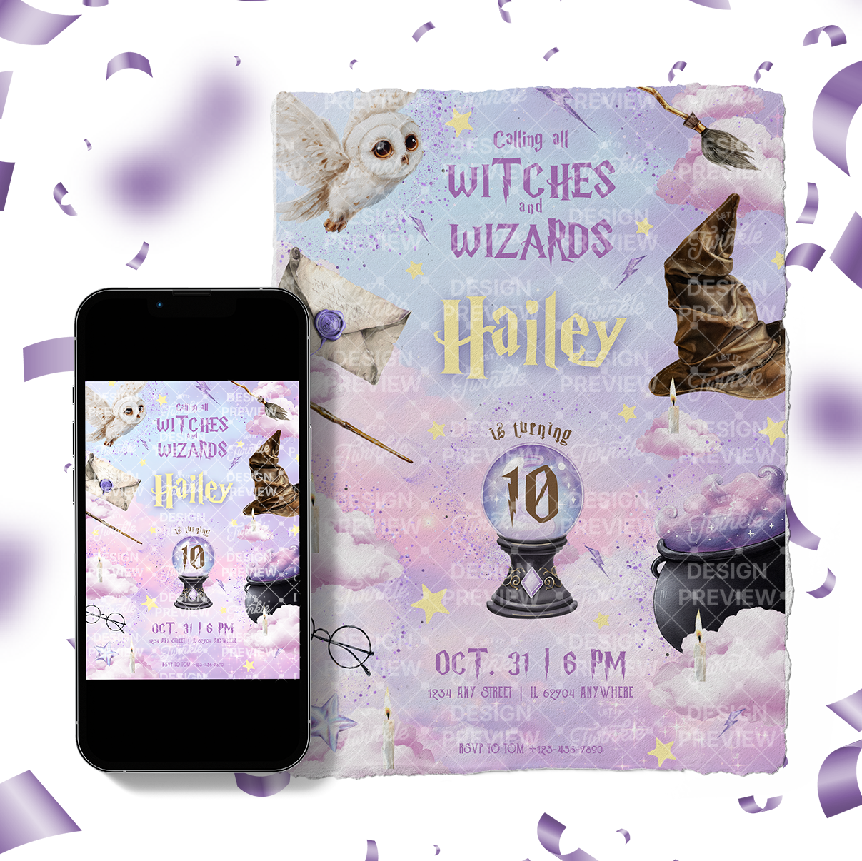 Magical School Birthday Invitation Template • Editable Canva Invitation • Purple