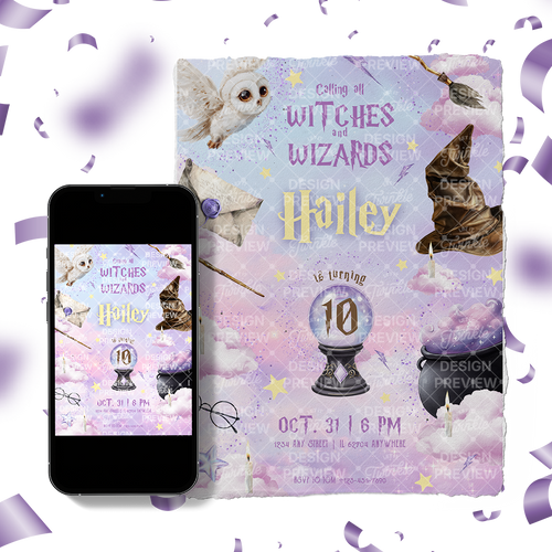 Magical School Birthday Invitation Template • Editable Canva Invitation • Purple