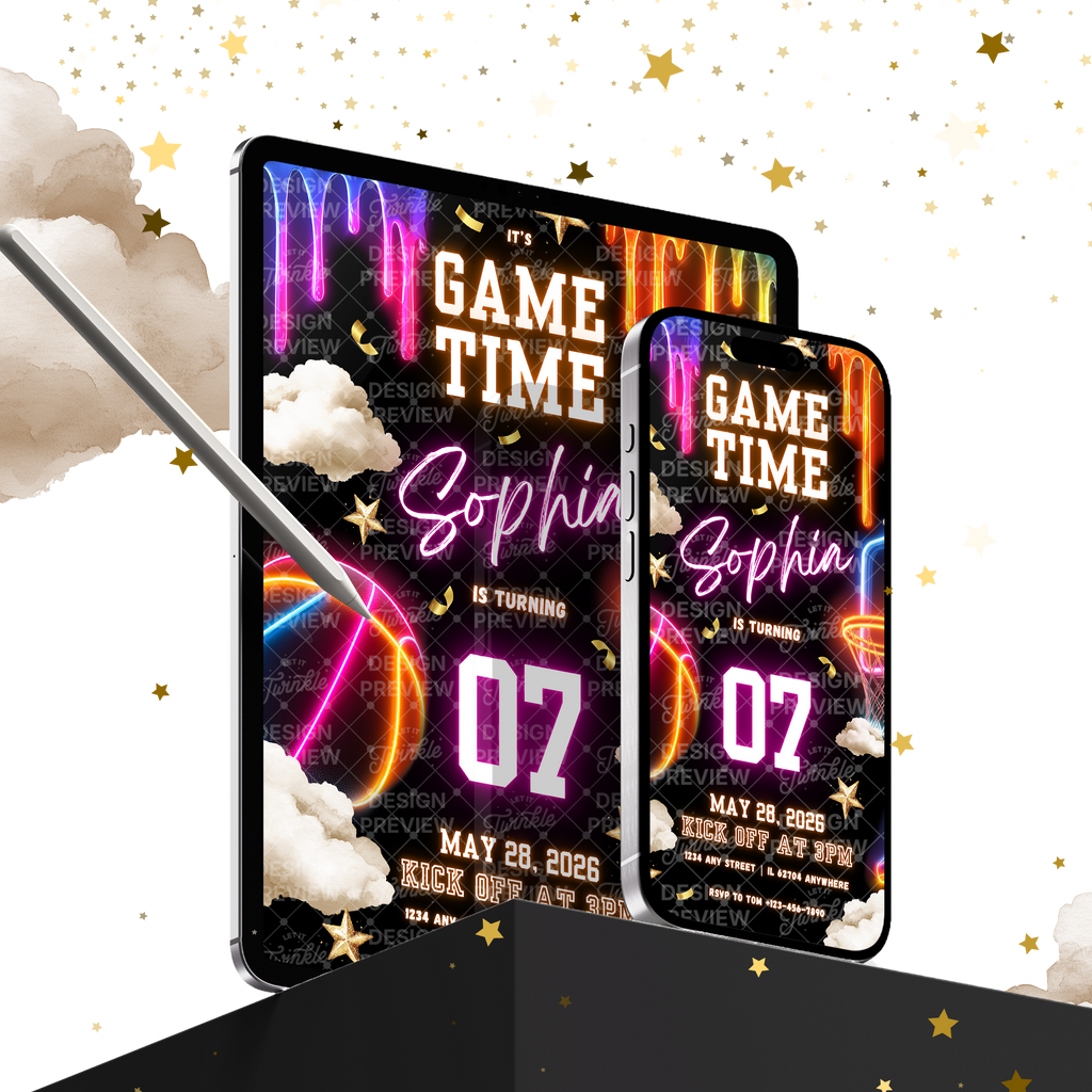 Basketball Birthday Invitation Template • Editable Canva Invitation • Neon & Black