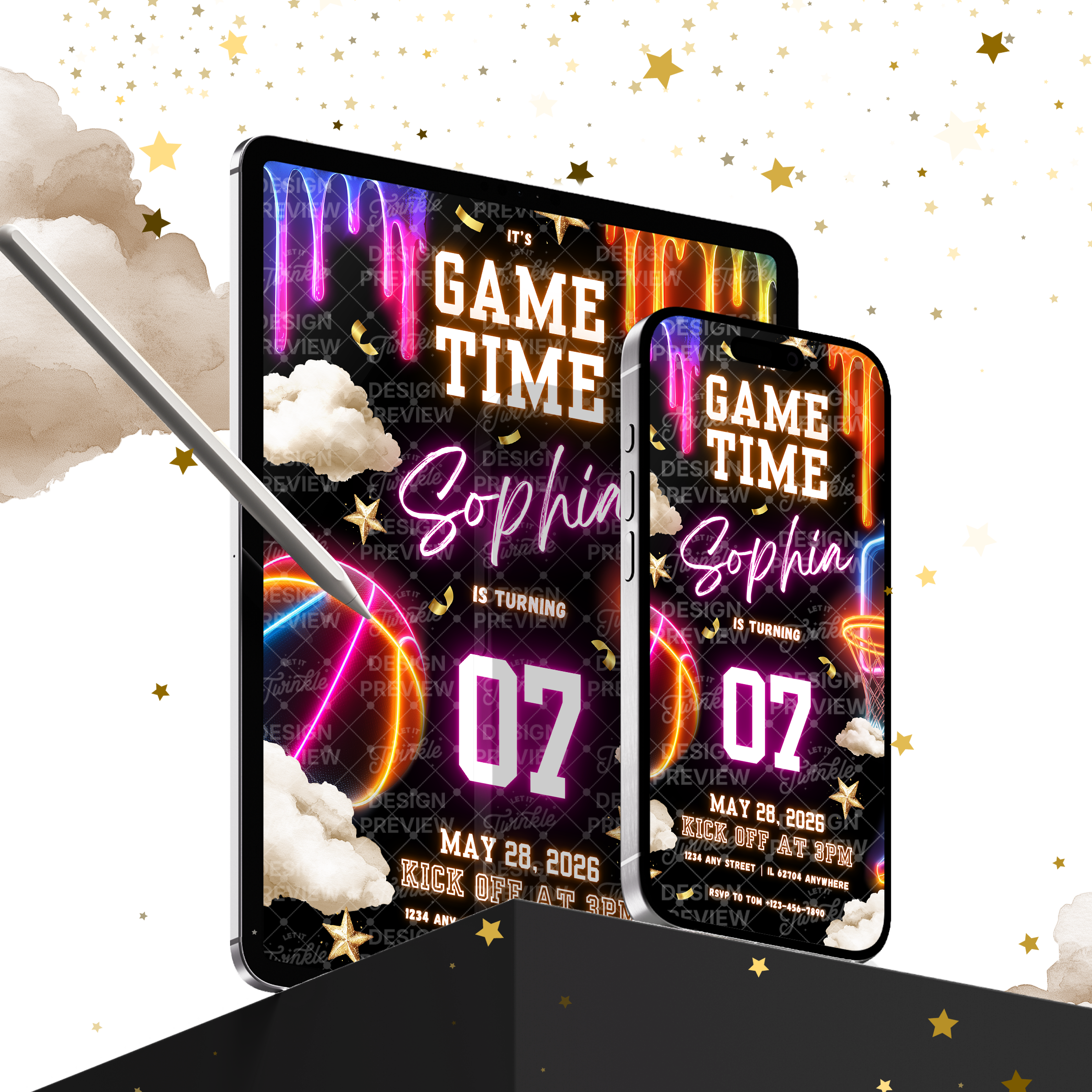 Basketball Birthday Invitation Template • Editable Canva Invitation • Neon & Black