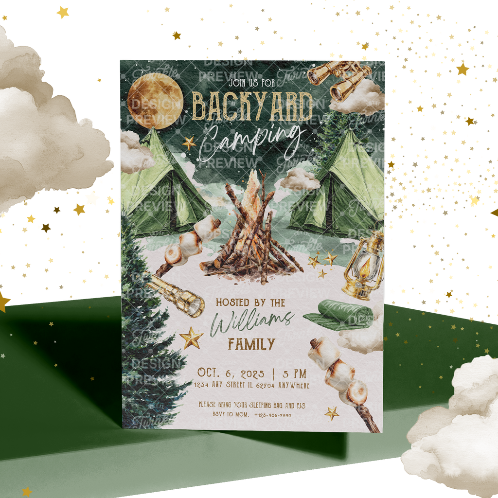 Camping Birthday Invitation Template • Editable Canva Invitation • Beige & Green